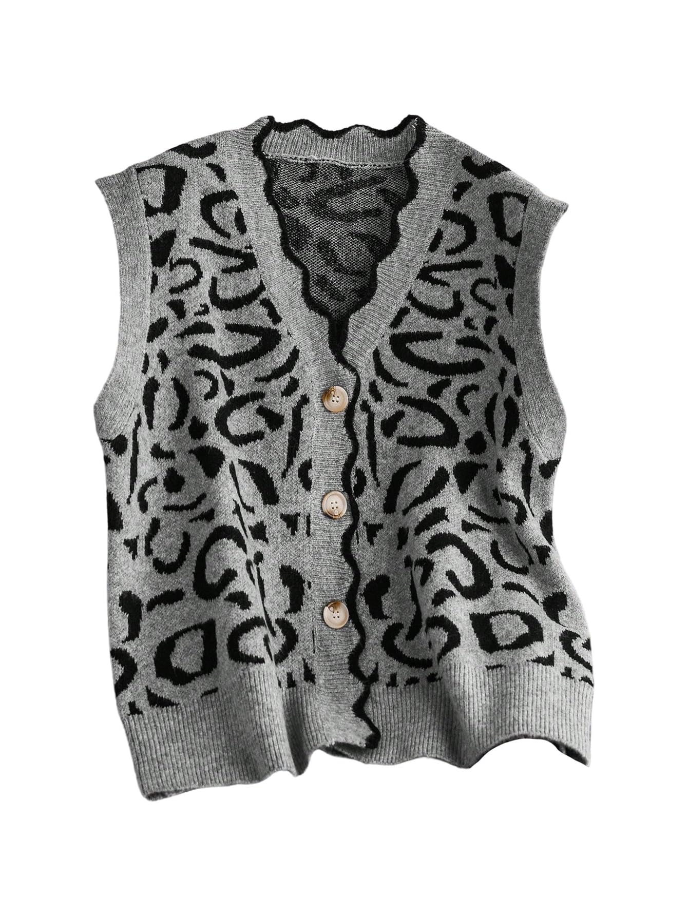 SHENHE Womens Plus Size Leopard Button Up Sweater Vest Scalloped V Neck Sleeveless Cardigan Vest