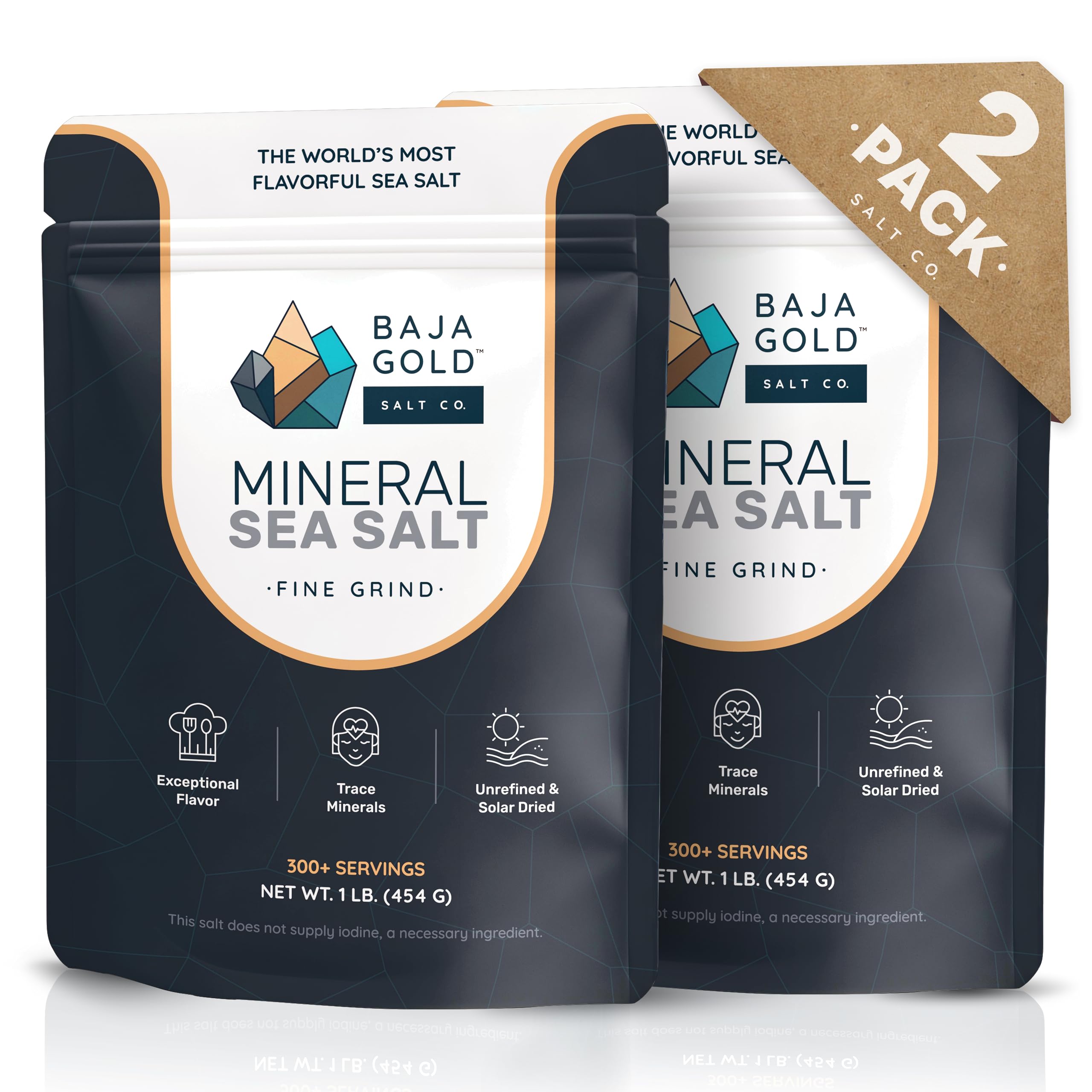 Baja Mineral Sea Salt - Fine Grind Low Sodium Salt for Cooking & Baking | Authentic Unrefined Baja Salt | Resealable Bag of 600+ Servings - 908g. (2 Pack of 454g.)