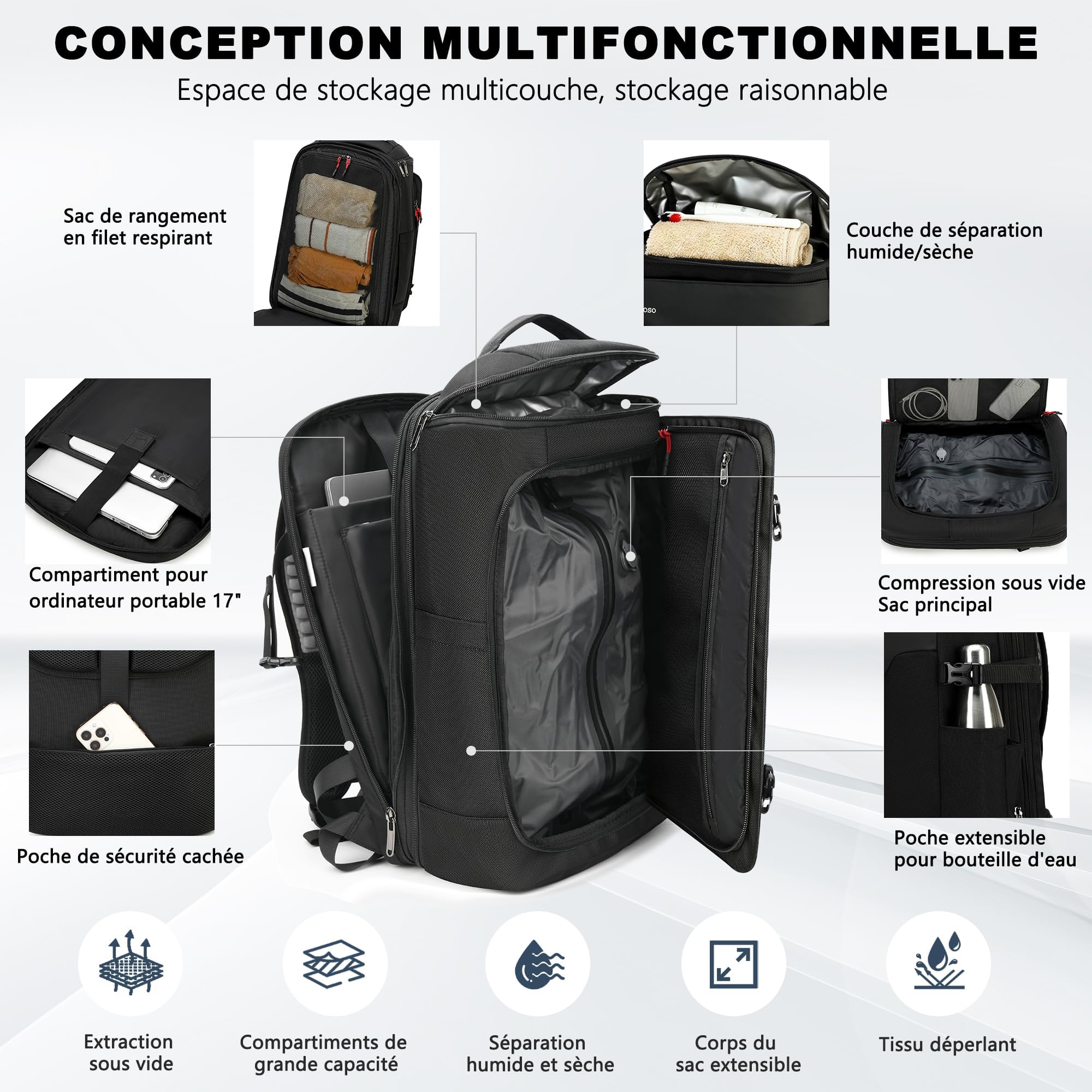 sac de voyage sous vide, 60 L extensible sac a dos compression sous vide, sac à dos pour ordinateur portable 17 pouces,sac a dos voyage cabine avion sous vide avec pompe, noir