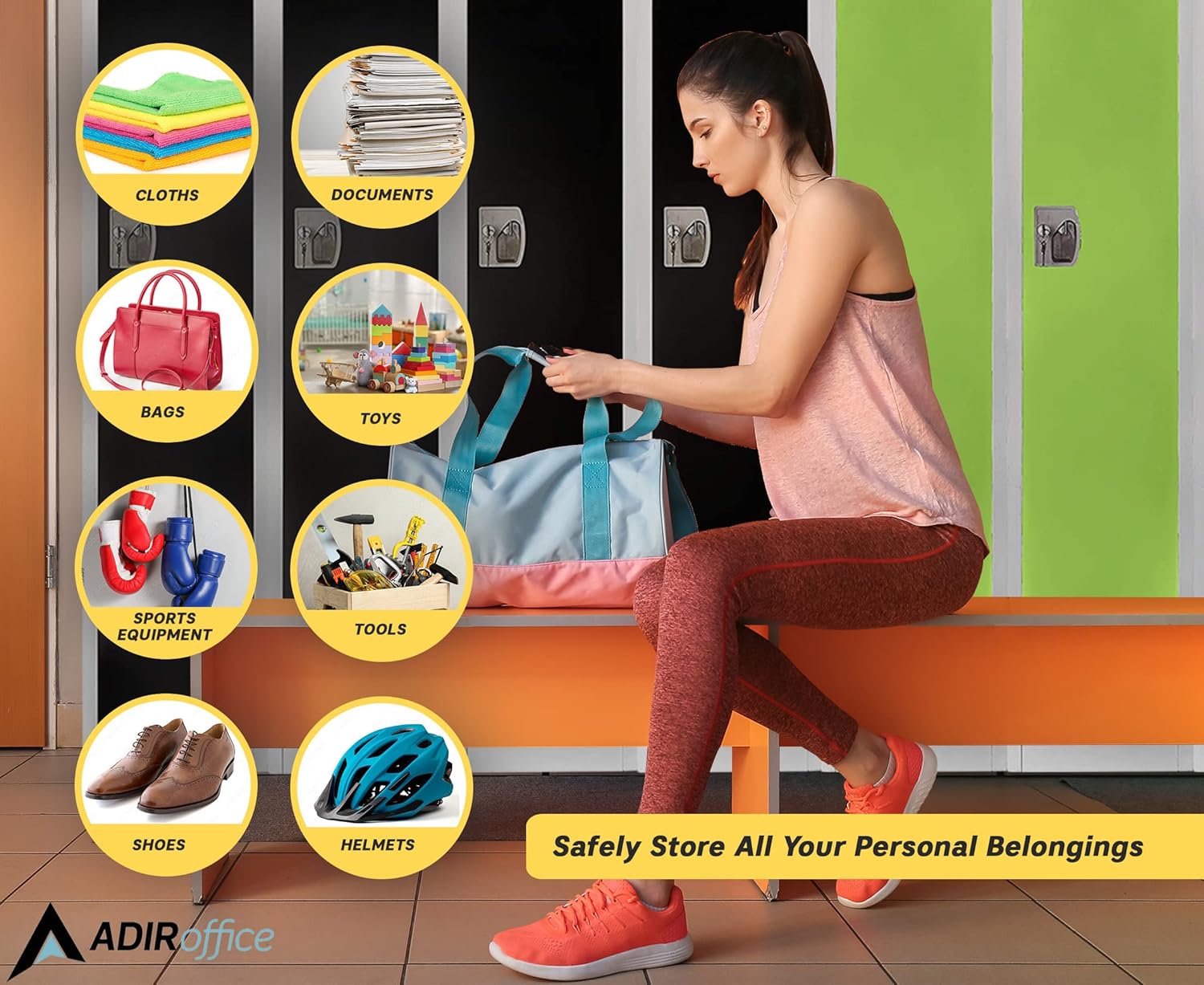 AdirOffice Large Steel Metal Storage School Locker - Single Tier Free Standing Storage Compartment - Secure Colorful Spacious Organizer Perfect for Academic and Commercial Use (Green)