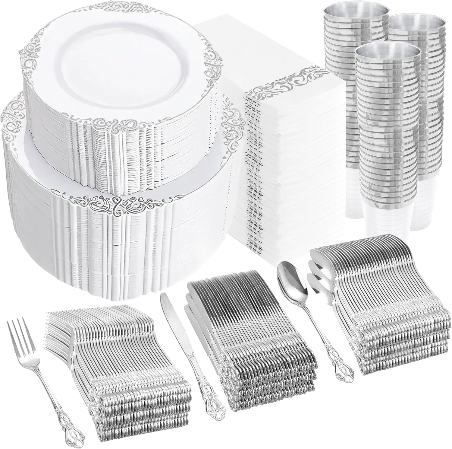 YOUBET 700PCS Silver Plastic Plates - White and Silver Disposable Plates - Silvery Plastic Dinnerware Set - Include 200 Plates, 300 Heavy Duty Silverware, 100 Cups and 100 Napkins for Wedding & Party