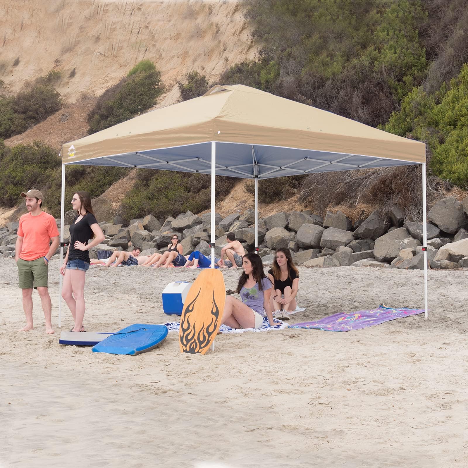 CROWN SHADES 10x10 Pop Up Canopy, Patented Center Lock One Push Tent Canopy, Newly Designed Storage Bag, 8 Stakes, 4 Ropes, Beige