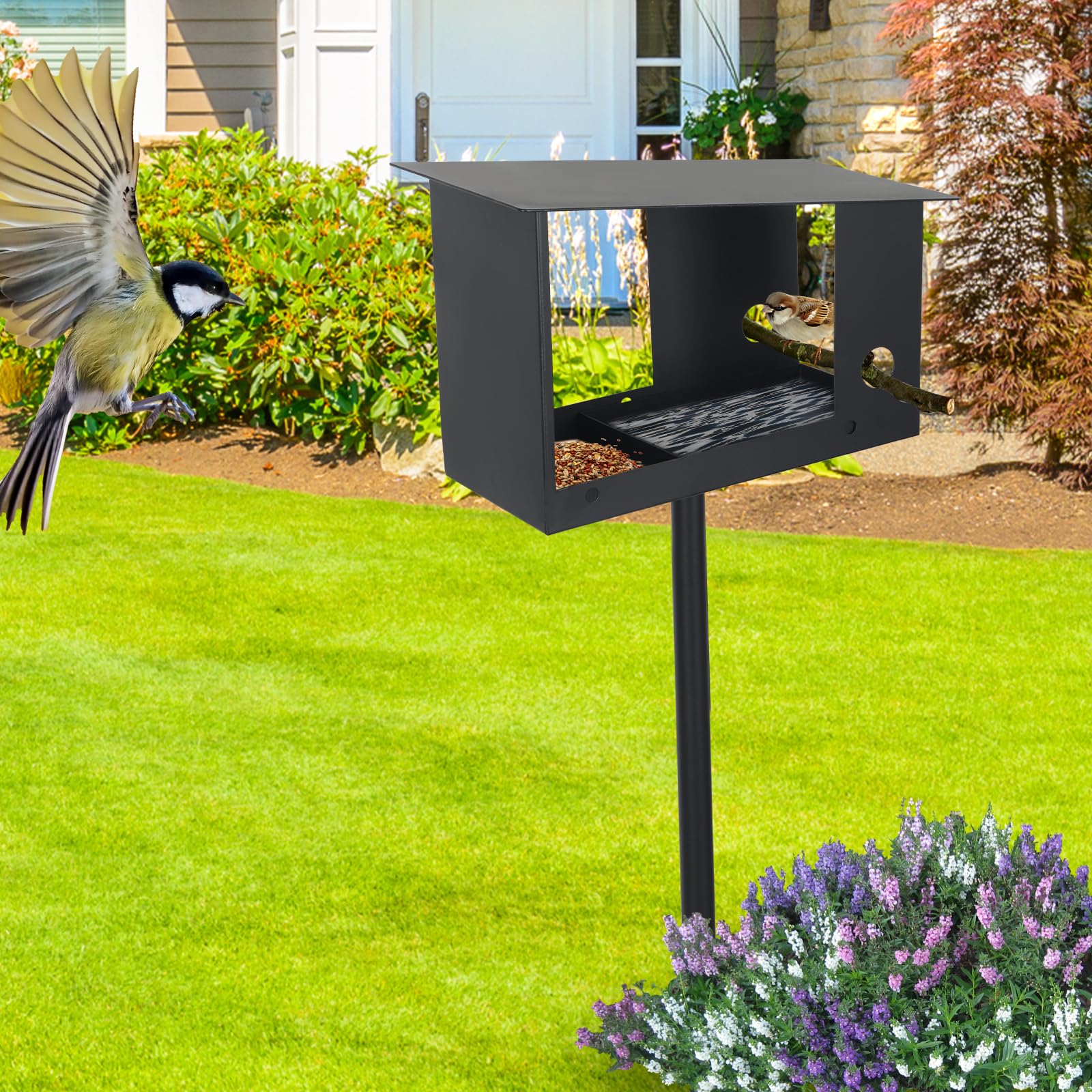 Casa para pájaros con soporte, estación de alimentación de pájaros de metal, comedero de pájaros 3 en 1, casa de pájaros resistente a la intemperie, estación de pájaros silvestres, villa para pájaros,