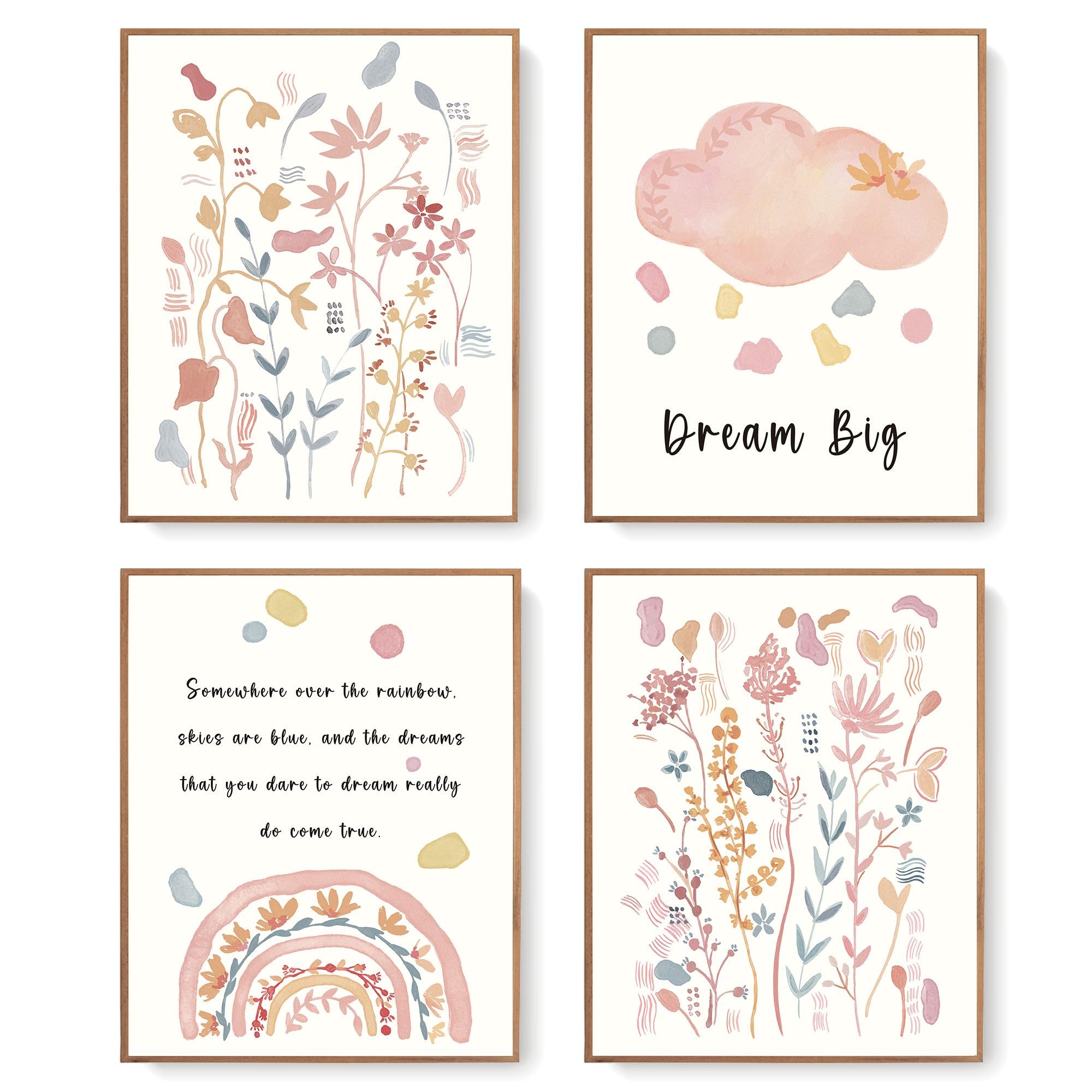 LARTSFRO Kids Pink Big Dream Flower Wall Decor,Affirmation Wall Decor for Nursery Baby Kids Girl Bedroom Classroom,Gifts for Kids 10x8 Inch Set of 4