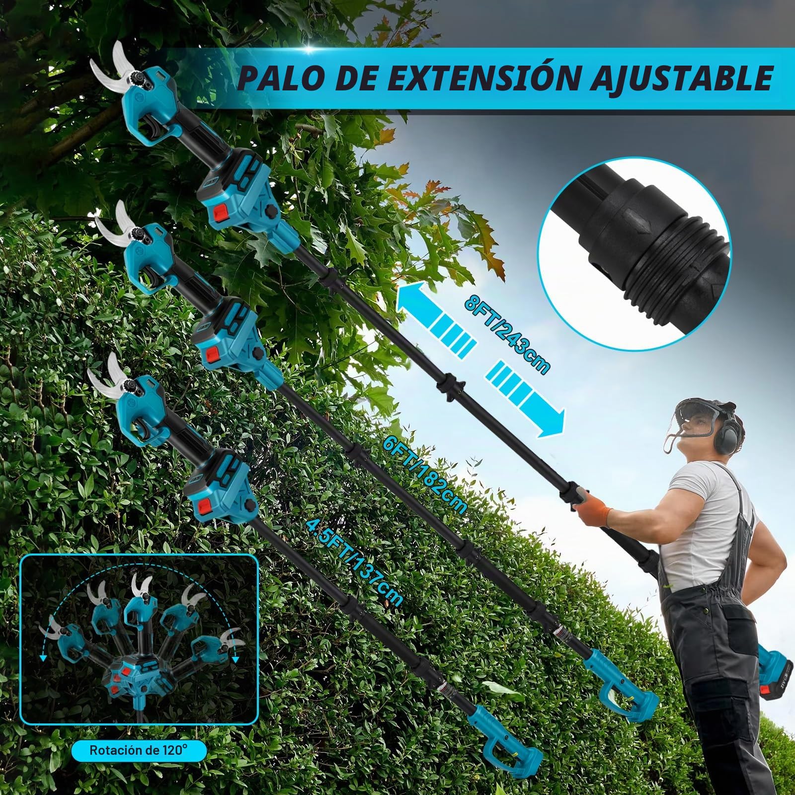 Tijeras de podar con batería de 2 x 2,0 Ah, tijeras de podar eléctricas 2 en 1 con barra de extensión de 2 m, diámetro de corte máximo de 30 mm, pantalla LCD, tijeras telescópicas extensibles hasta