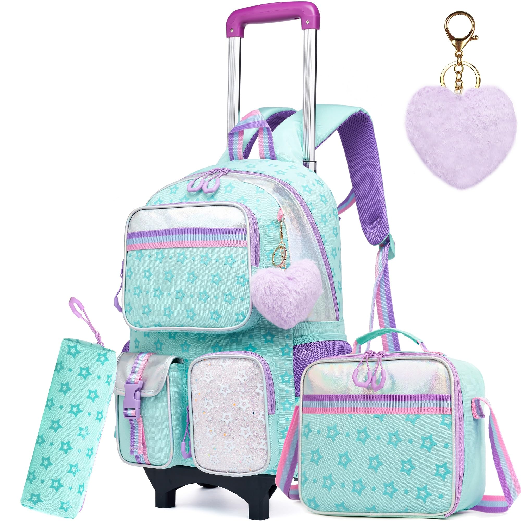 Meetbelify Rolling Backpack with Wheels - Cute Carry On Backpack with Lunch Box Pencil Case for Elementary Student to Teen Girls - 8-10 Years