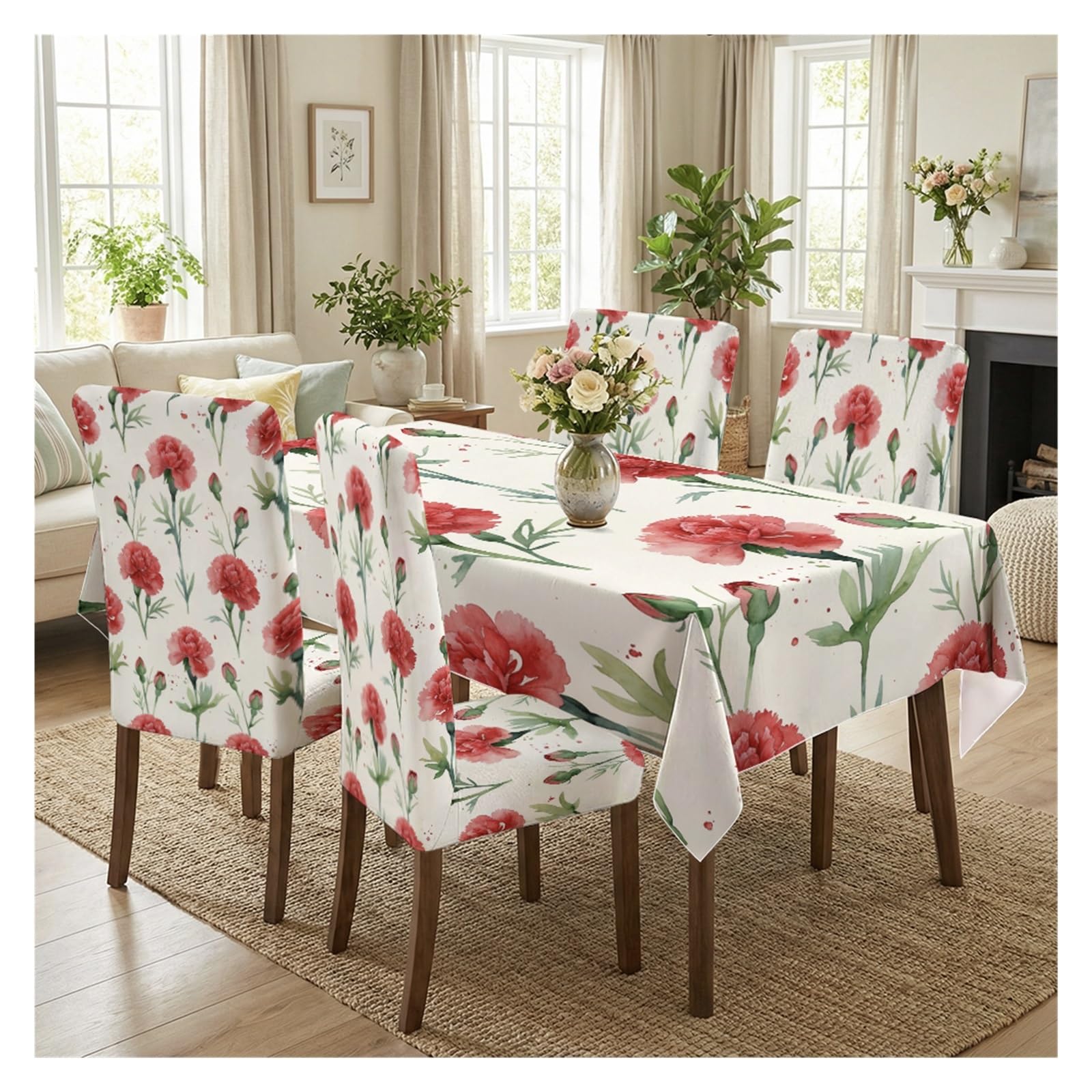 BOSUYBN Watercolor Pink Carnation Floral Dining Tablecloth & Chair Covers Set, 5/7 Piece Romantic Spring Cottage Farmhouse Dining Decor Table Setting(5pcs Set: Tablecloth+Chair Covers)