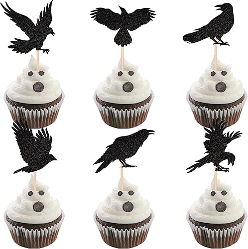 24 piezas de decoración de cuervo negro para cupcakes con purpurina de cuervo de Halloween para cuervo de terror temática de Halloween, fiesta de
