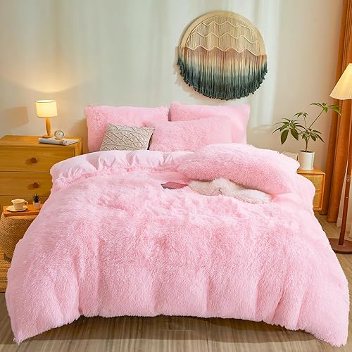 Besfunny Fluffy Pink Comforter Cover Queen Set – Plush Faux Fur Pink Bedding 3-Piece Set (1 Faux Fur Duvet Cover + 2 Furry Pillow Shams) Cozy Fluffy Bed Set - Pink - Queen