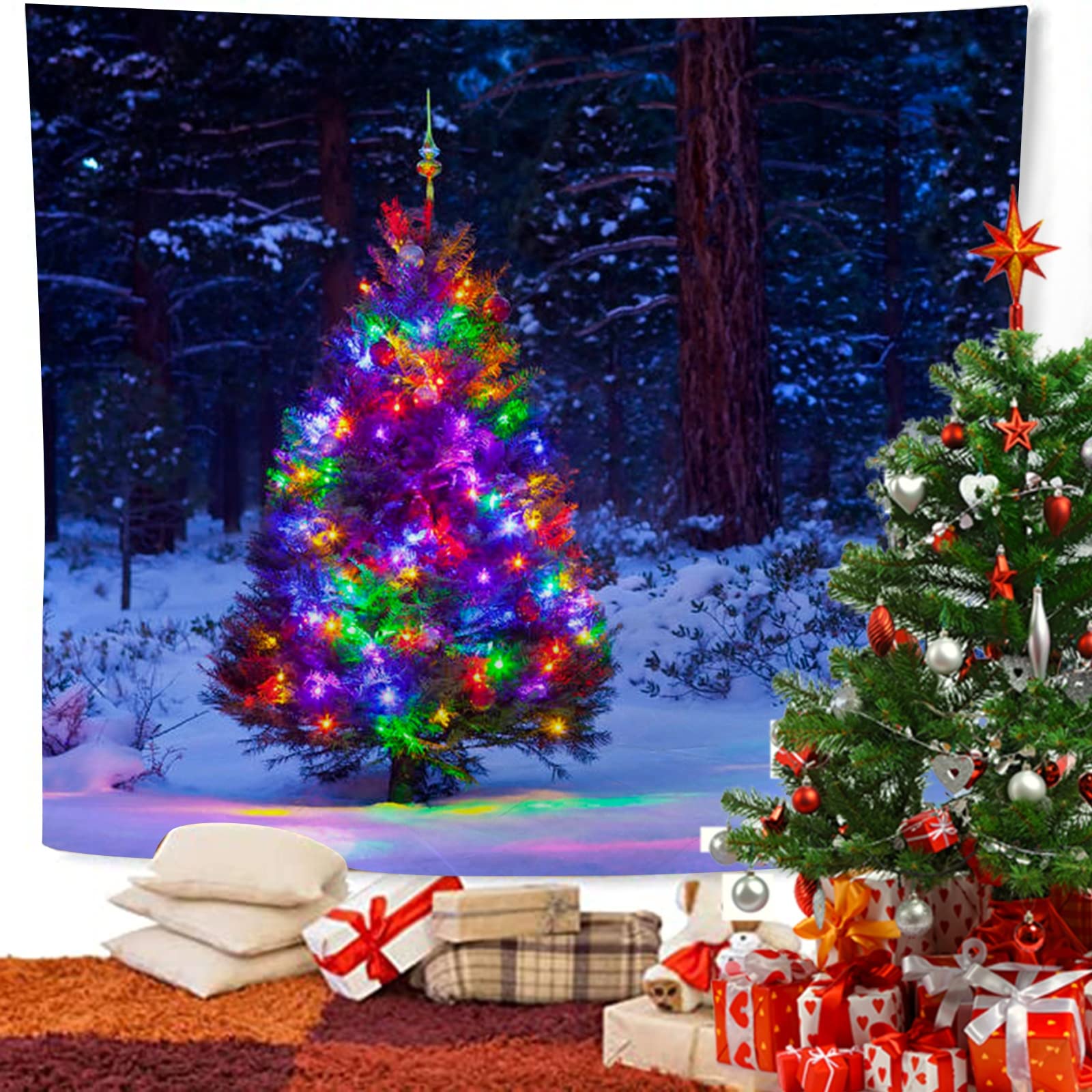 KnSam Wandtuch 300x260cm, Weihnachtsbaum Schnee Wald Muster Wandbehang Tagesdecke aus Weiches Polyester Digitaldruck für Schlafzimmer Wohnzimmer Home Office Dekoration, Bunt