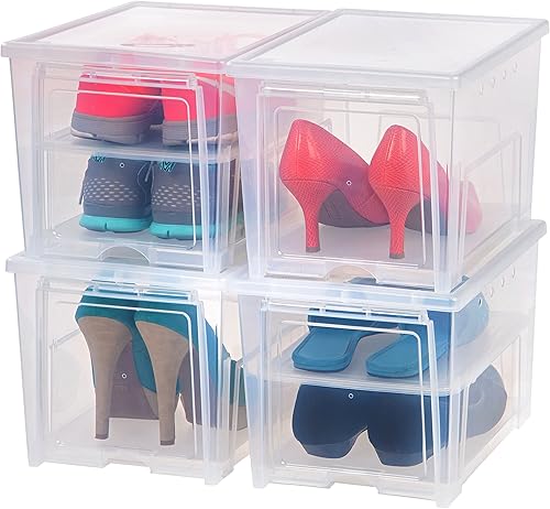 IRIS USA, Inc. - Caja de almacenamiento de zapatos apilable alta con puerta abatible y rejillas de ventilación, paquete de 4, contenedor organizador