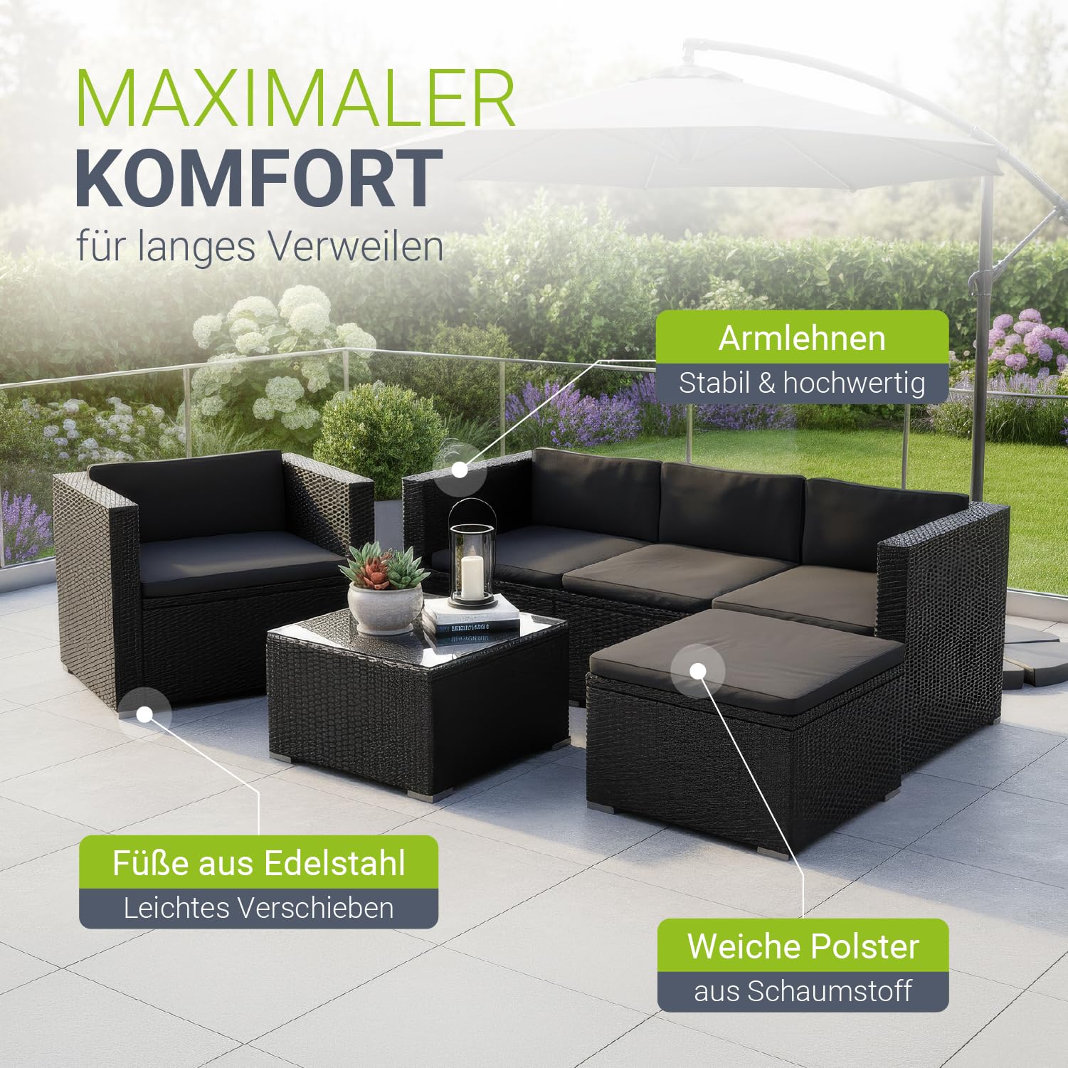 Juskys Polyrattan Lounge Punta Cana L für 4-5 Personen mit 3er Sofa, Sessel, Hocker, Tisch & Kissen, Sitzgruppe für Garten, Terrasse und Balkon, Gartenmöbel Set wetterfest - Schwarz/Grau