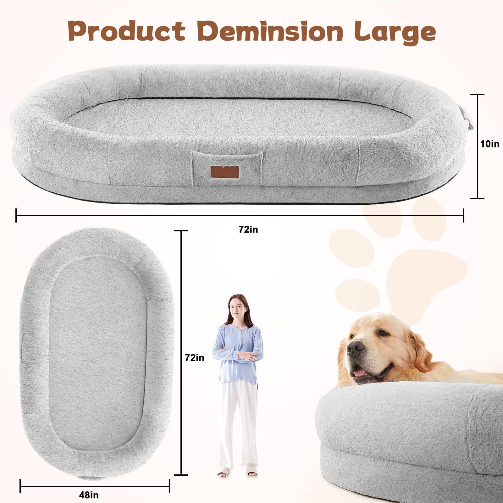 Lit pour Chien et Humain pour Adultes, 180 x 122 x 25 cm - Grand Sac de Haricots avec Couverture, Lit Ovale Lavable en Fausse Fourrure, Mousse à Mémoire Détachable de Grande Taille, Lit pour