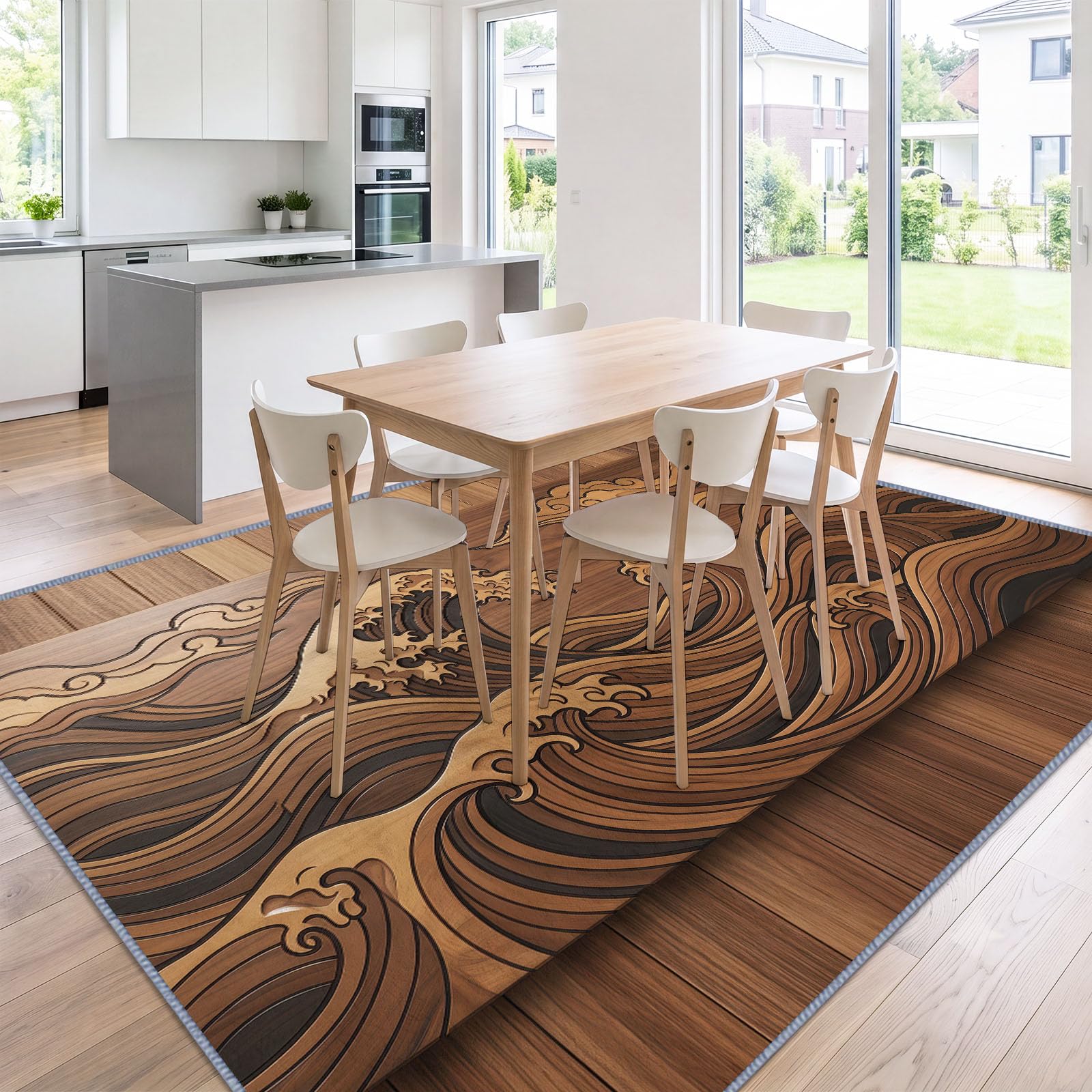 Générique Tapis Salon Paysage Océan Vagues Imitation Bois 160 x 230 cm, Lavable en Machine Tapis de Sol Oriental Doux Antidérapant pour Entree Interieur, Chambre, Salle à Manger