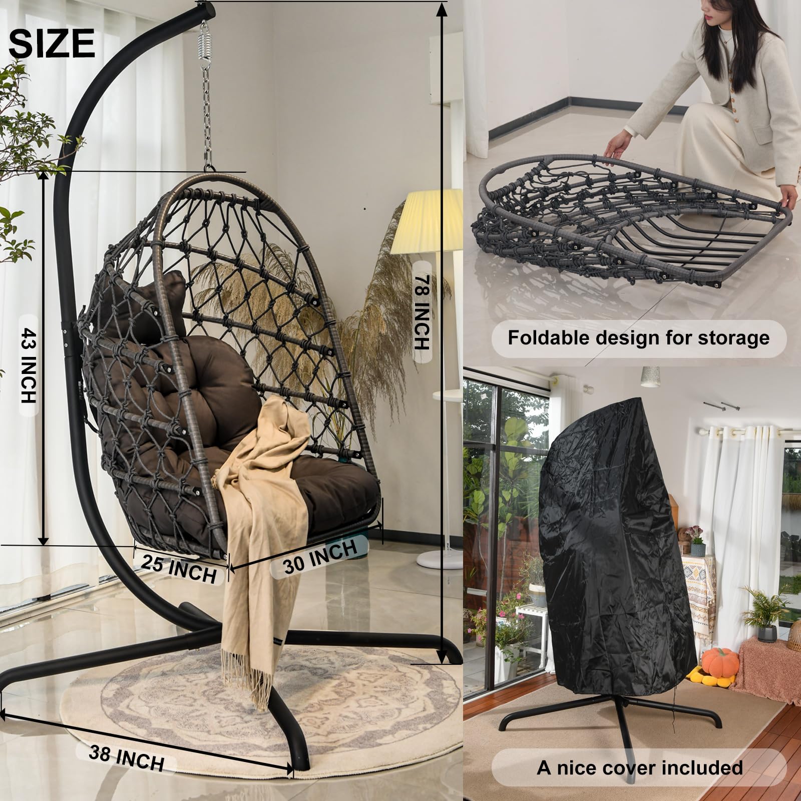 LKINBO Polyrattan Hängesessel mit Gestell Outdoor Indoor, Korb Hängestuhl Rattan Hanging Chair Wetterfest Hängeschaukel Gartenschaukel bis 195 kg, Dunkelgrau