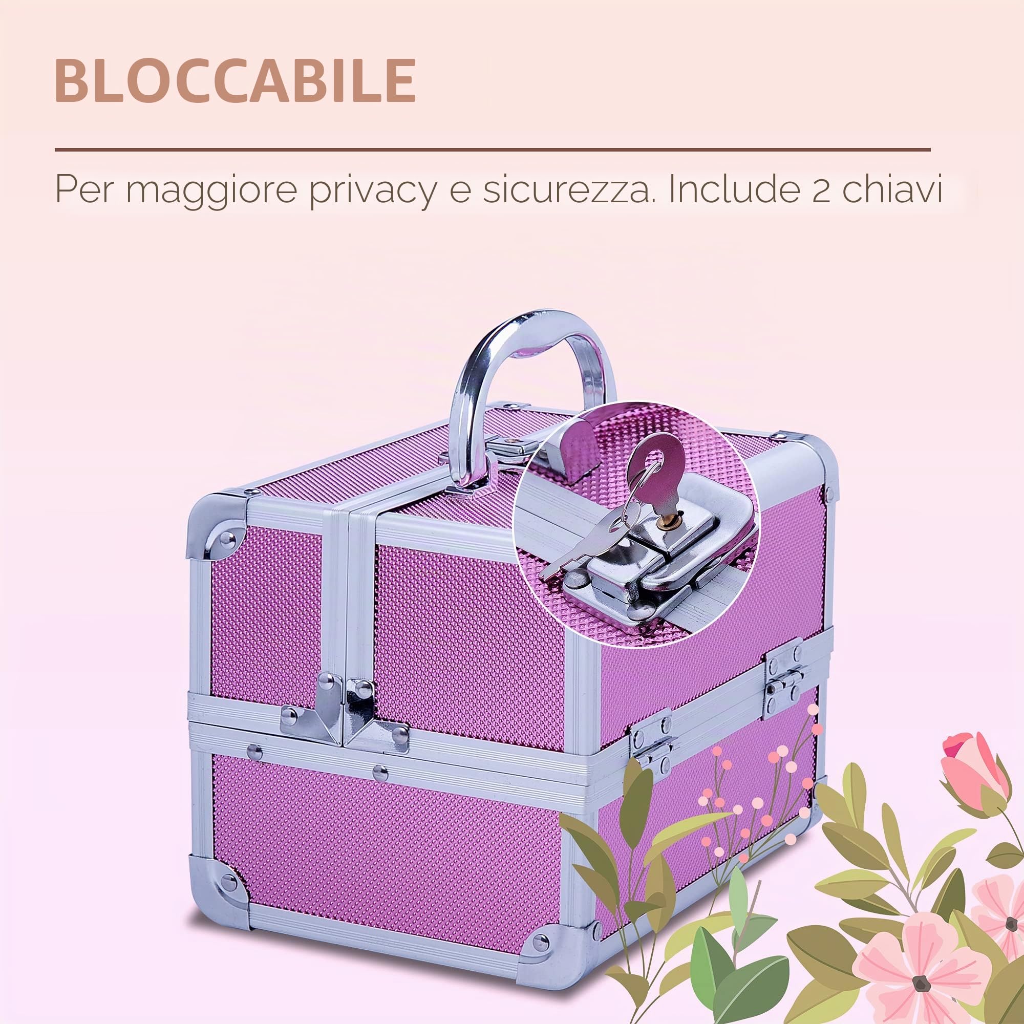 HOMCOM Valigetta trucco professionale portatile 20x15x15 cm Rosa | Valigetta cosmetici, vassoi a 3 livelli, specchio, 2 chiavi, per gioielli, manicure, viaggio