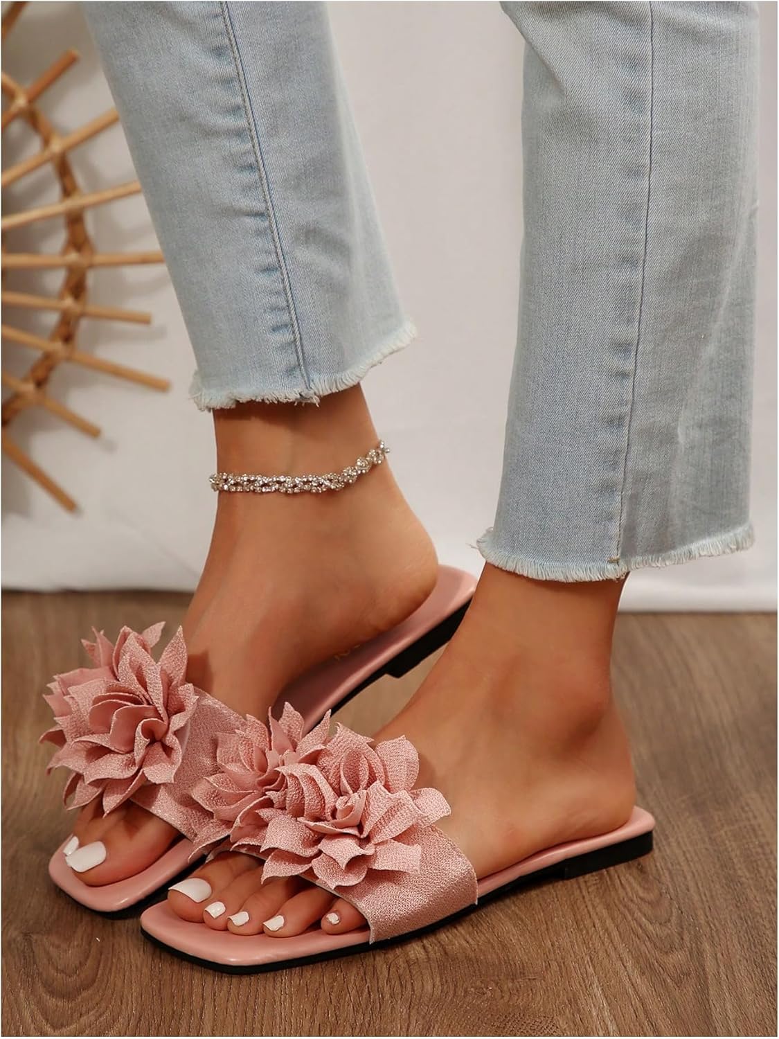 Women's 3D Floral Flat Sandals Dressy Square Open Toe Sandals Single Band Casual Slip on Slides - Image 4