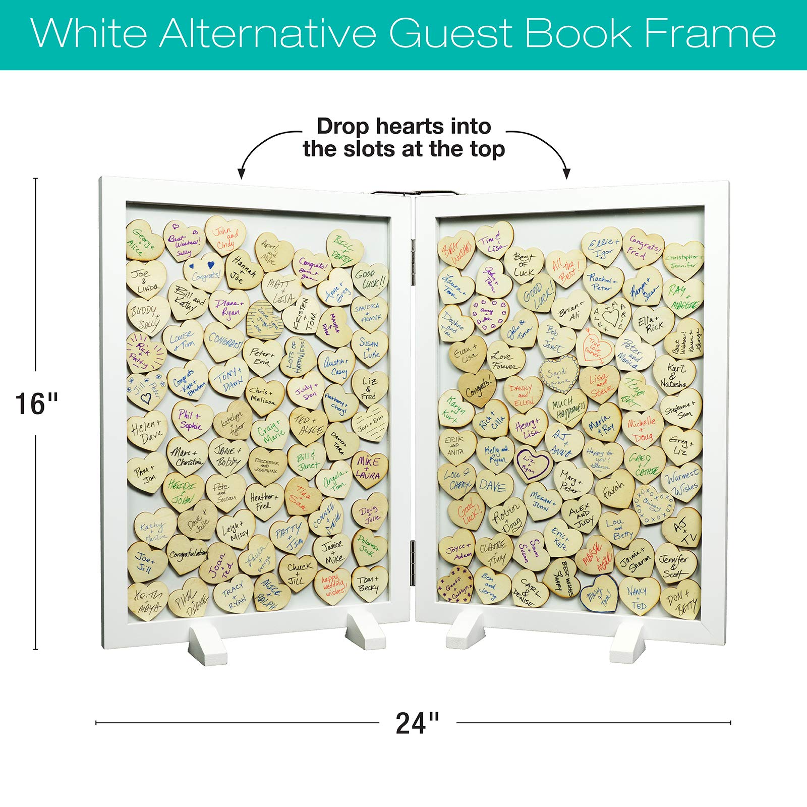 Libro de invitados de boda con 140 corazones de madera en blanco, un libro de invitados tradicional, marco de fotos Con bisagras para una fácil visualización de la mesa (color blanco sólido)