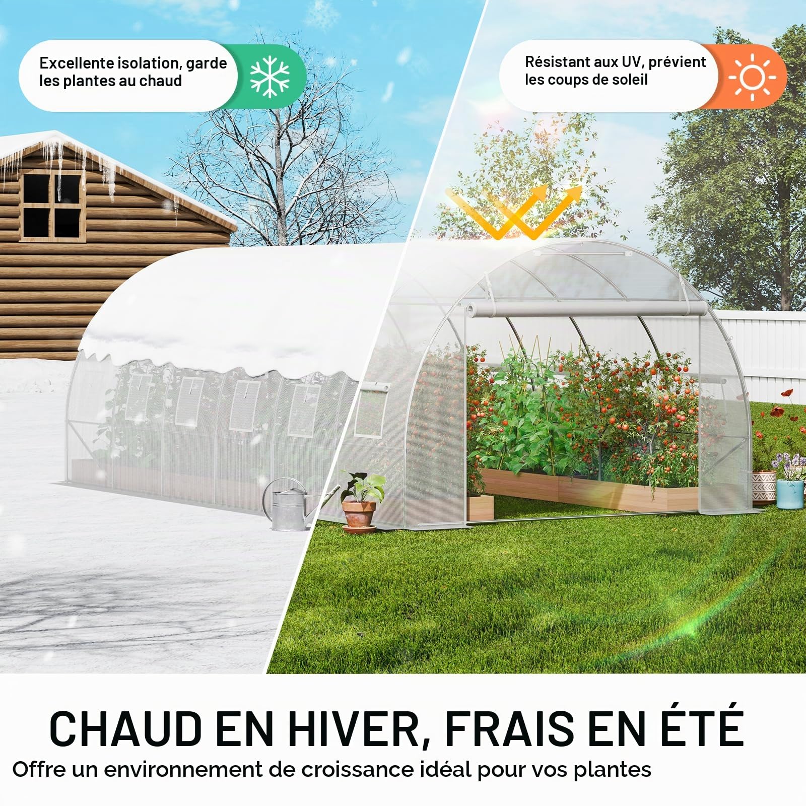 VEVOR Serre Tunnel Jardin, 590x295x198 cm, Tente Abri Plantes avec Cadre en Acier Galvanisé, Couverture en PE Blanche, Porte à Glissière Enroulable, 12 Fenêtres, pour Extérieur Cultiver Légumes Fleurs