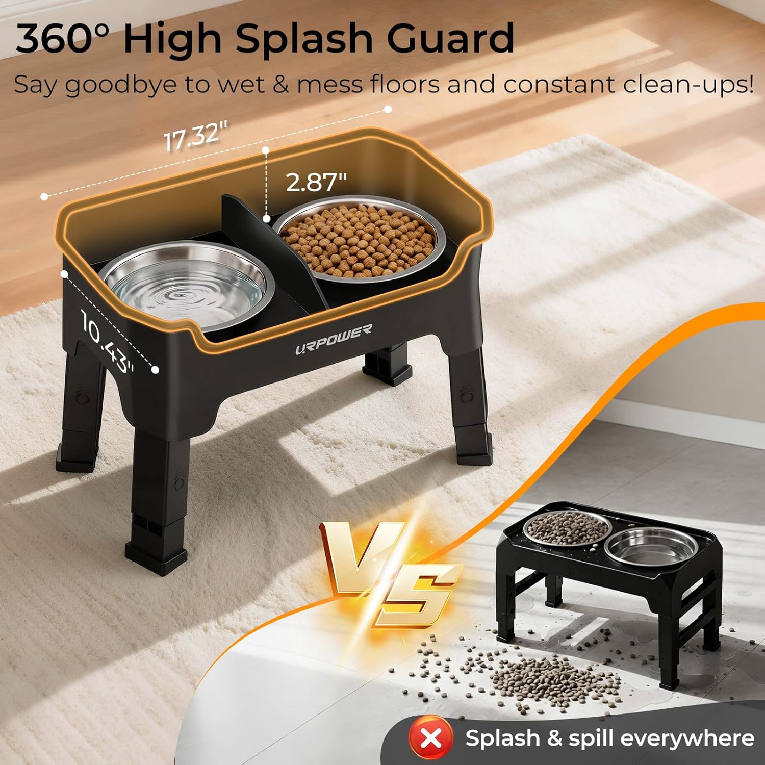 URPOWER Mess Proof Elevated Dog Bowls, High Wall Splash Guard Design, 4 Height Adjustable Raised Bowl Stand, 2 Large Stainless Steel Bowls, Non-Slip Food Water Set for Small Medium Large Dogs - Image 3