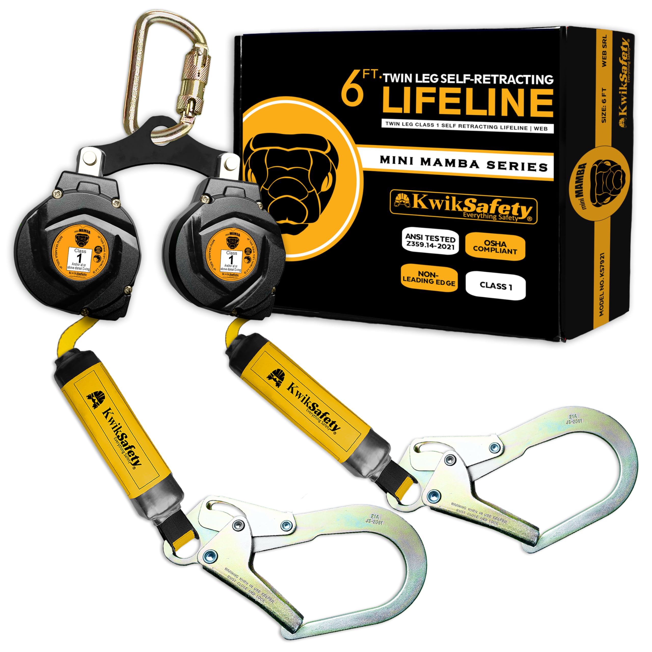 KwikSafety - 6' mini Mamba Twin-Leg Self Retracting Lifeline [NO Tangle Web] Class 1 Retractable Safety Lanyard SRL ANSI OSHA