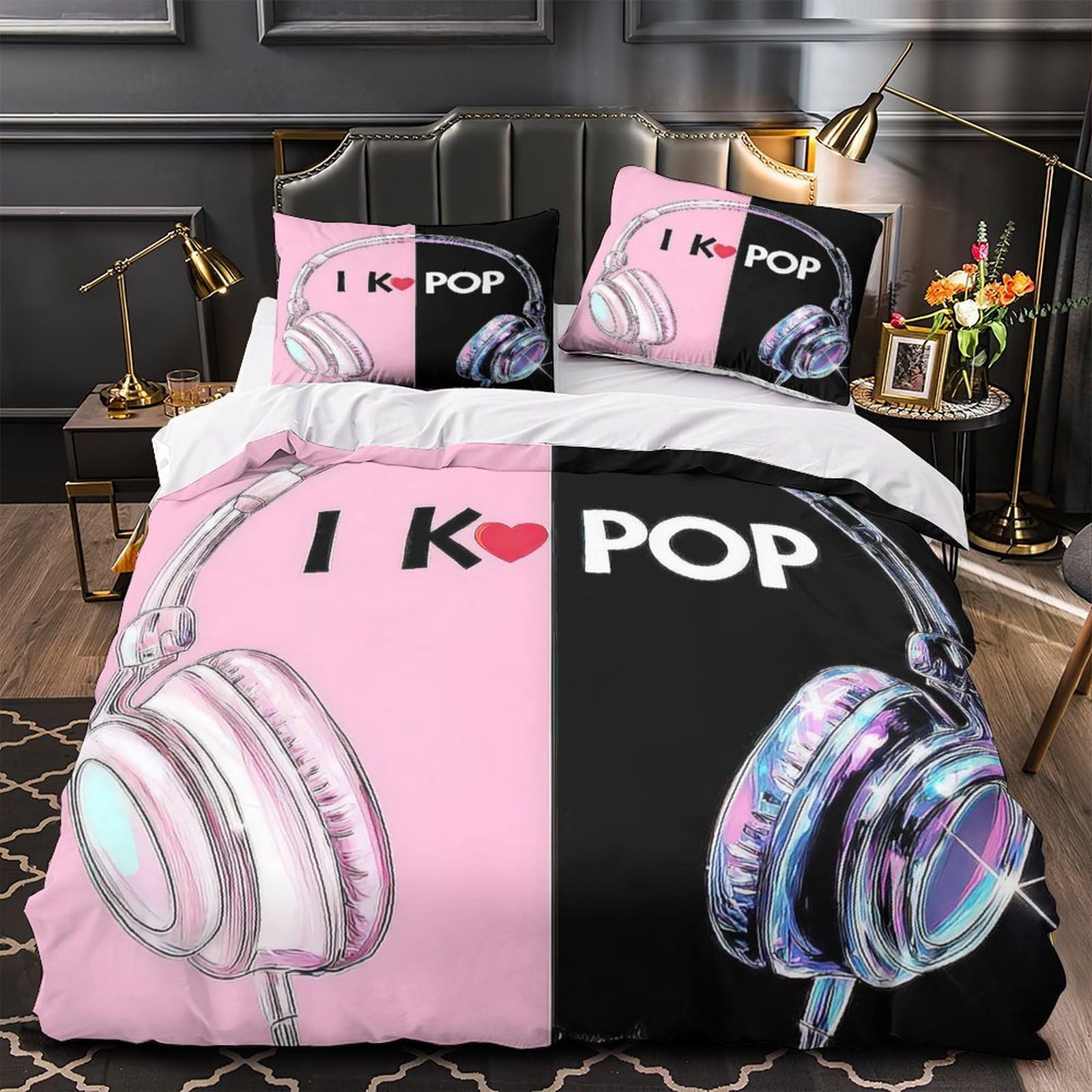 Funda Nórdica 3D Impresa K-Pop Música Microfibra Decoración Dormitorio Juego de Ropa de Cama Auriculares Jóvenes Adultos Super King（260x220cm）