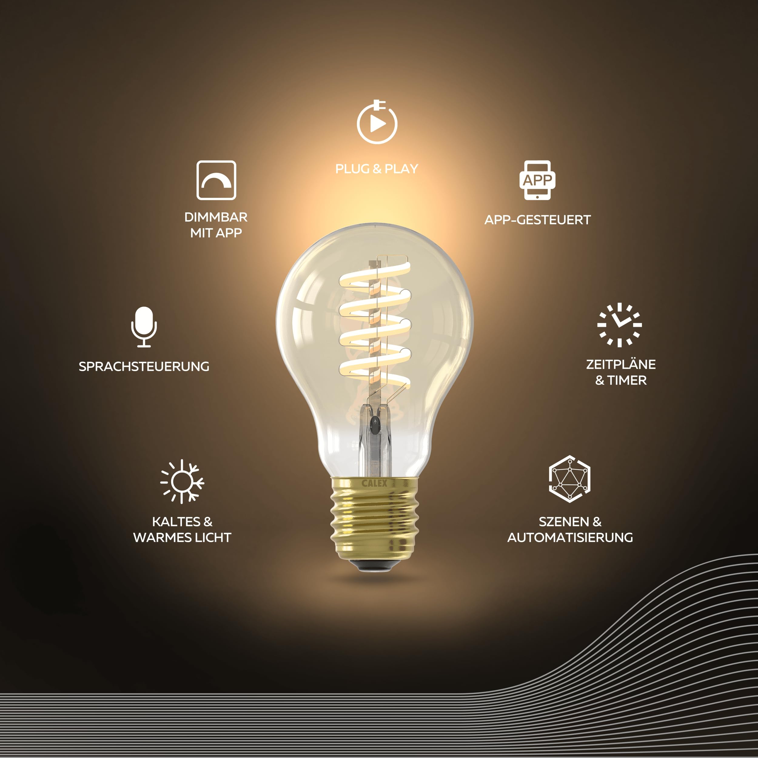 CALEX Lampadina LED Smart, E27, A60, Filamento Oro, luce calda, Dimmerabile, controllo app Wi-Fi & vocale, Confezione da 3