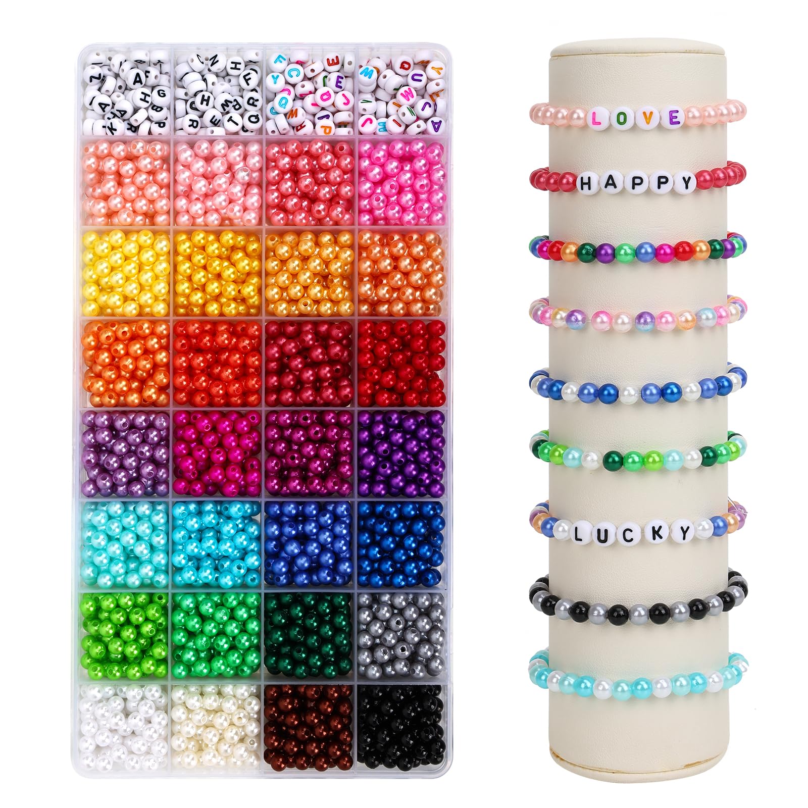QUEFE 1960pcs Pearl Beads 28 Colors with 200pcs Letter Beads for Bracelets Making Multicolor Pearl Beads for Jewelry Making Necklace Earrings Crafting