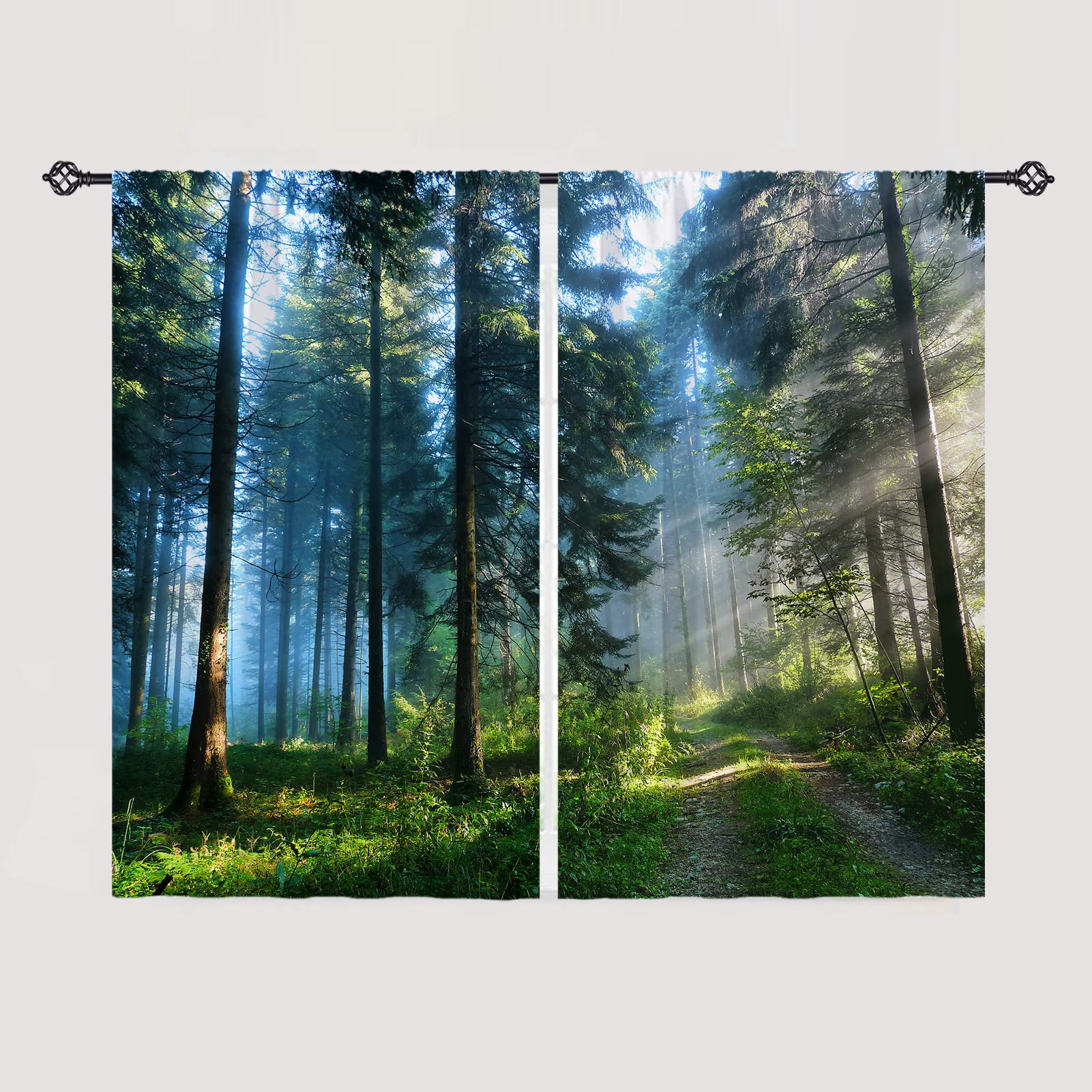 ANHOPEForest Blackout Curtains, Rod Pocket Room Darkening Curtains with Nature Misty Forest Sunshine Tree Print Pattern, Thermal Insulated Window Drapes for Bedroom Living Room 2 Panels 28 x 48 Inch