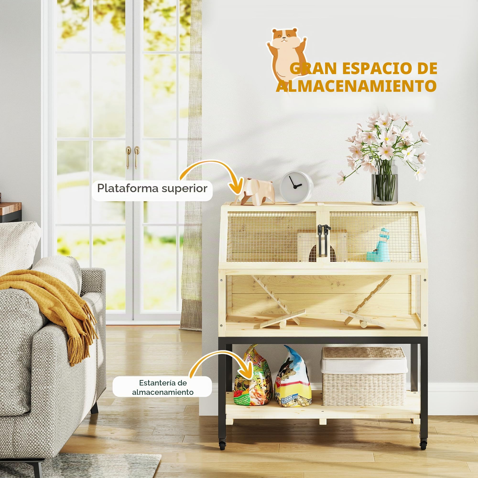 PawHut Jaula de Madera para hámster Enano, 87 x 43 x 101 cm Jaula para roedores con Estante, Botella de Agua, caseta, balancín, Jaula para Animales pequeños con Ruedas, rampas, Madera Natural