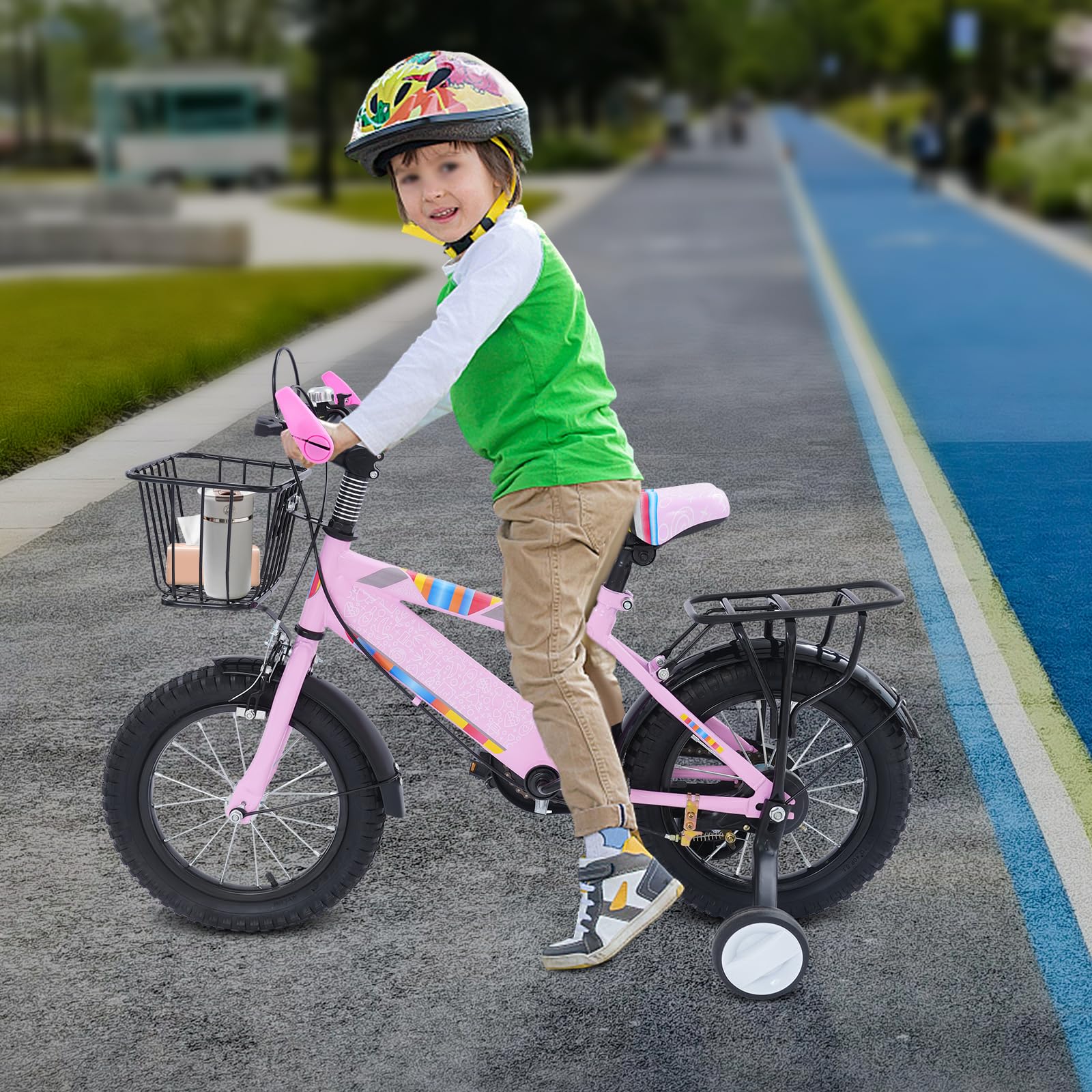 14 Zoll Kinderfahrrad, Jungen und Mädchen Fahrrad Kinder mit Stützrädern und Korb, Klingel, Höhe Einstellen Kinder Fahrrad, Trainingsfahrrad für 3-6 Jahre Jungen und Mädchen