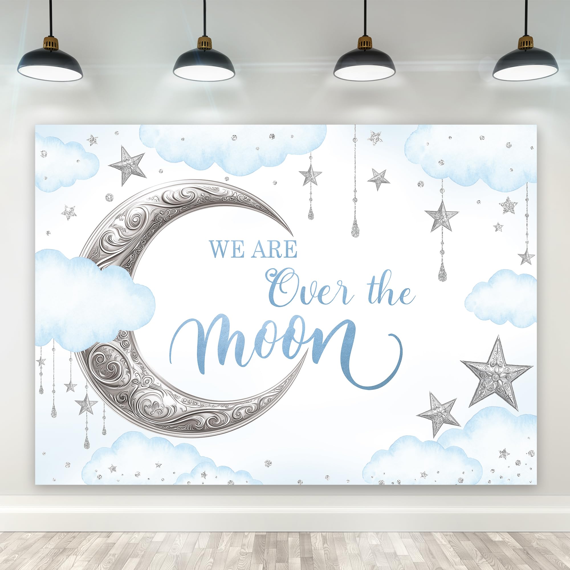 Riyidecor We are Over The Moon Backdrop Baby Shower 7Wx5H Feet Polyester Fabric Blue Shinning Stars Silver Dots Clouds Photography Background for Kids