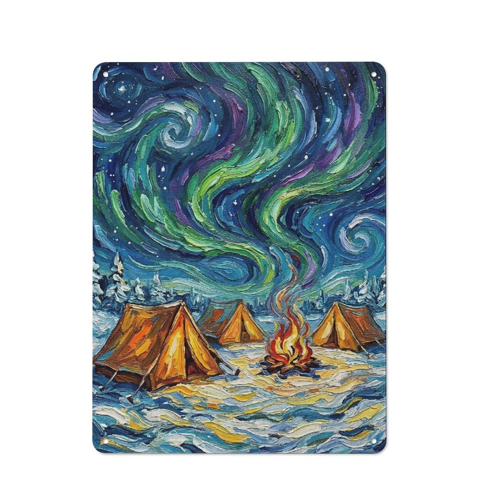 Junmoney Style-15 Understated Aurora Borealis Camping Oil Painting Metal Wall Plaque 40X30cm, Creative Space Decor For Office, Study, Studio Or Hallway