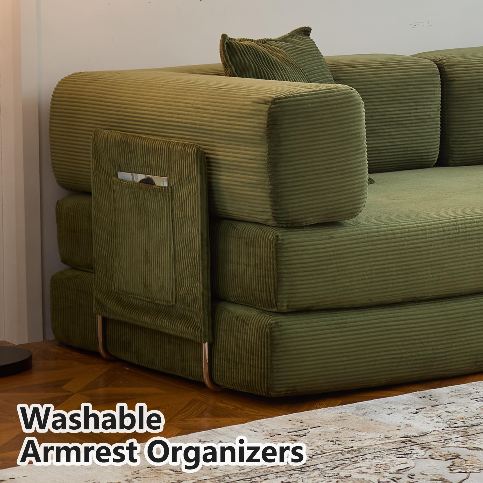 78.8" Convertible Sofa Bed - Compression Sofa with Corduroy Fabric - with Armrests and Backrest - Modular Sectional for Living Room, Bedroom, Studio - Compression Sofa in Box (Grey): 78.8IN Green
