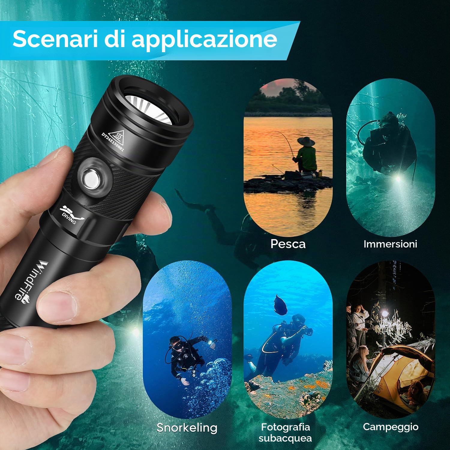 WINDFIRE Torcia Subacquea 8000 Lumen, IPX8 Torcia Impermeabile, 4 Modalità Luci Subacquee con Indicatore di Potenza, Luce snorkeling per Immersioni Notturne