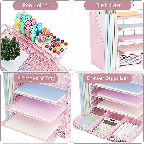 Miniatura 3 de Organizador de escritorio con soporte para archivos, bandeja de papel de 5 niveles con cajón y soporte para bolígrafos, accesorios de escritorio y