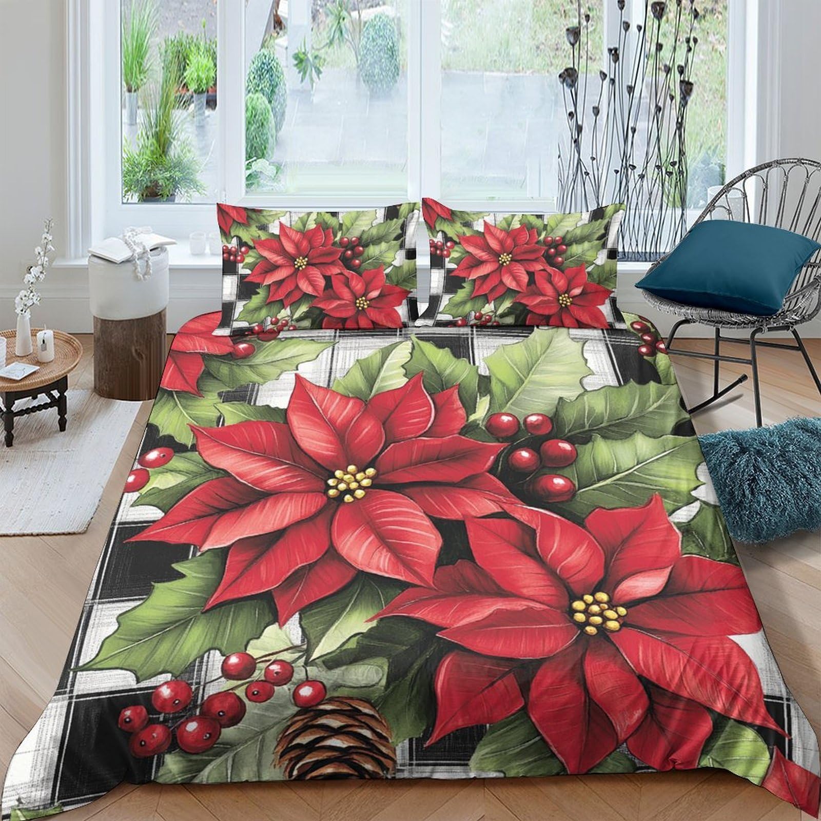 Ctjqhvkz Style-4 3D Printed Red Poinsettia Fitted Sheet Microfiber Christmas Berry Bed Cover For Bedroom Guest Room Decor Mattress Protector Single（135X200cm）