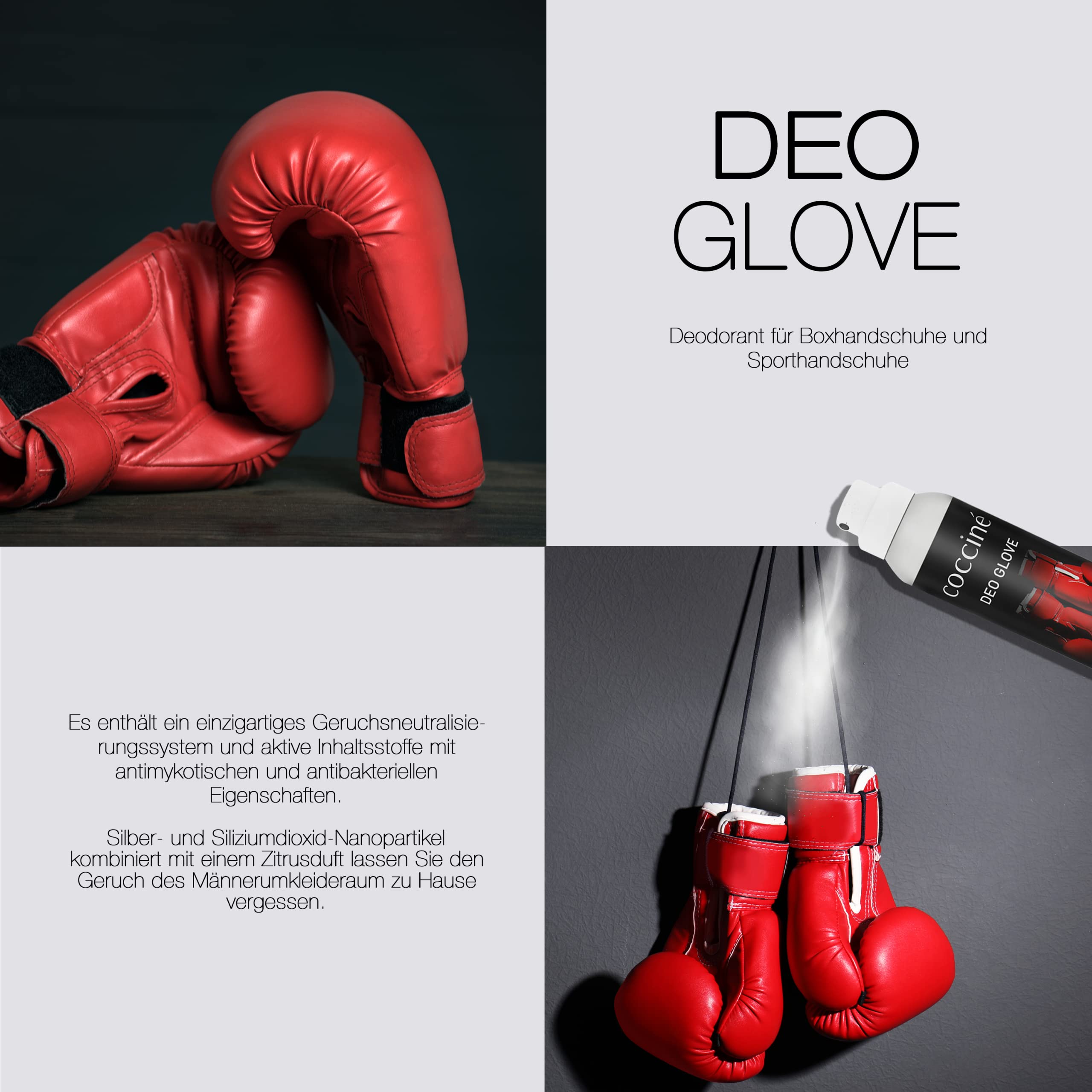 Cocciné - Deodorant für Boxhandschuhe, Fitness Handschuhe und Gym Handschuhe, Deo Spray für Boxhandschuhe Männer und Damen, Antibakterielle Geruchsentferner, Deo Box Handschuhe Gegen Geruch - 3st.