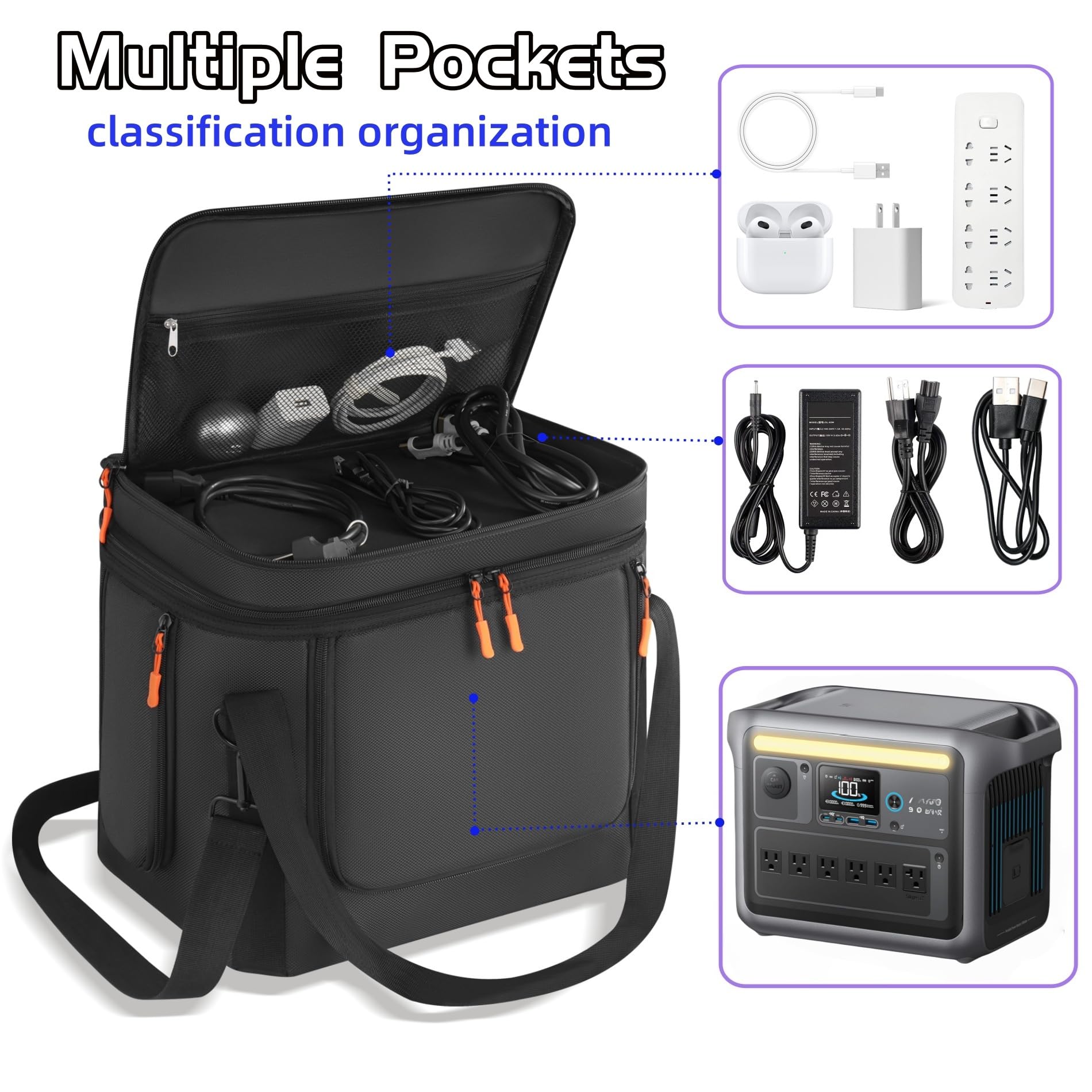 Tragbare Powerstation-Tasche kompatibel mit Anker SOLIX C1000/C800/C800 Plus - Schnellzugriff-Tragetasche mit Schultergurt und mehreren Taschen (Schwarz)