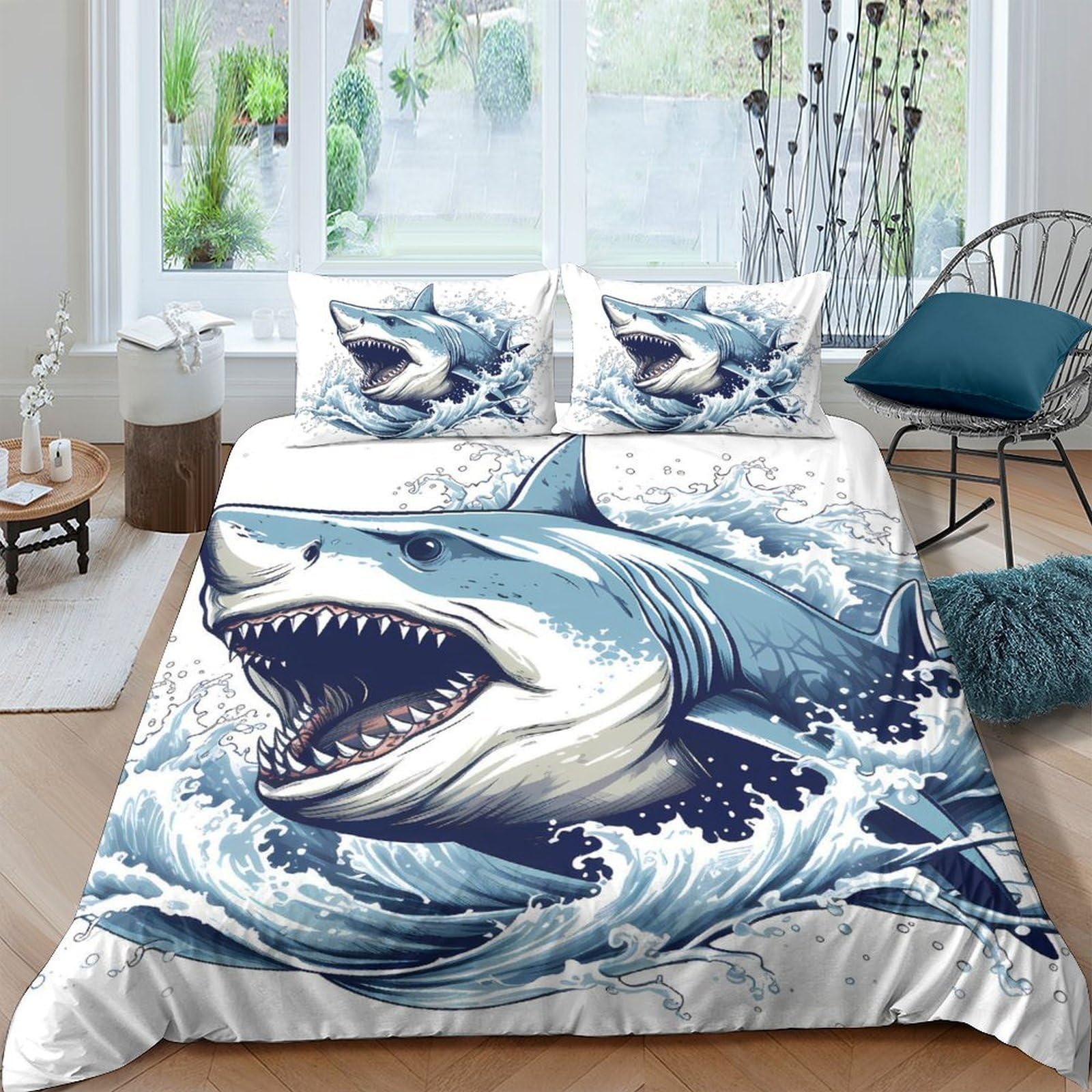 Ctjqhvkz Style-10 3D Printed Shark Ocean Fitted Sheet Microfiber Soft Anti-Slip Sea Wave Mattress Cover Bedroom Dorm Decor Single（135X200cm）