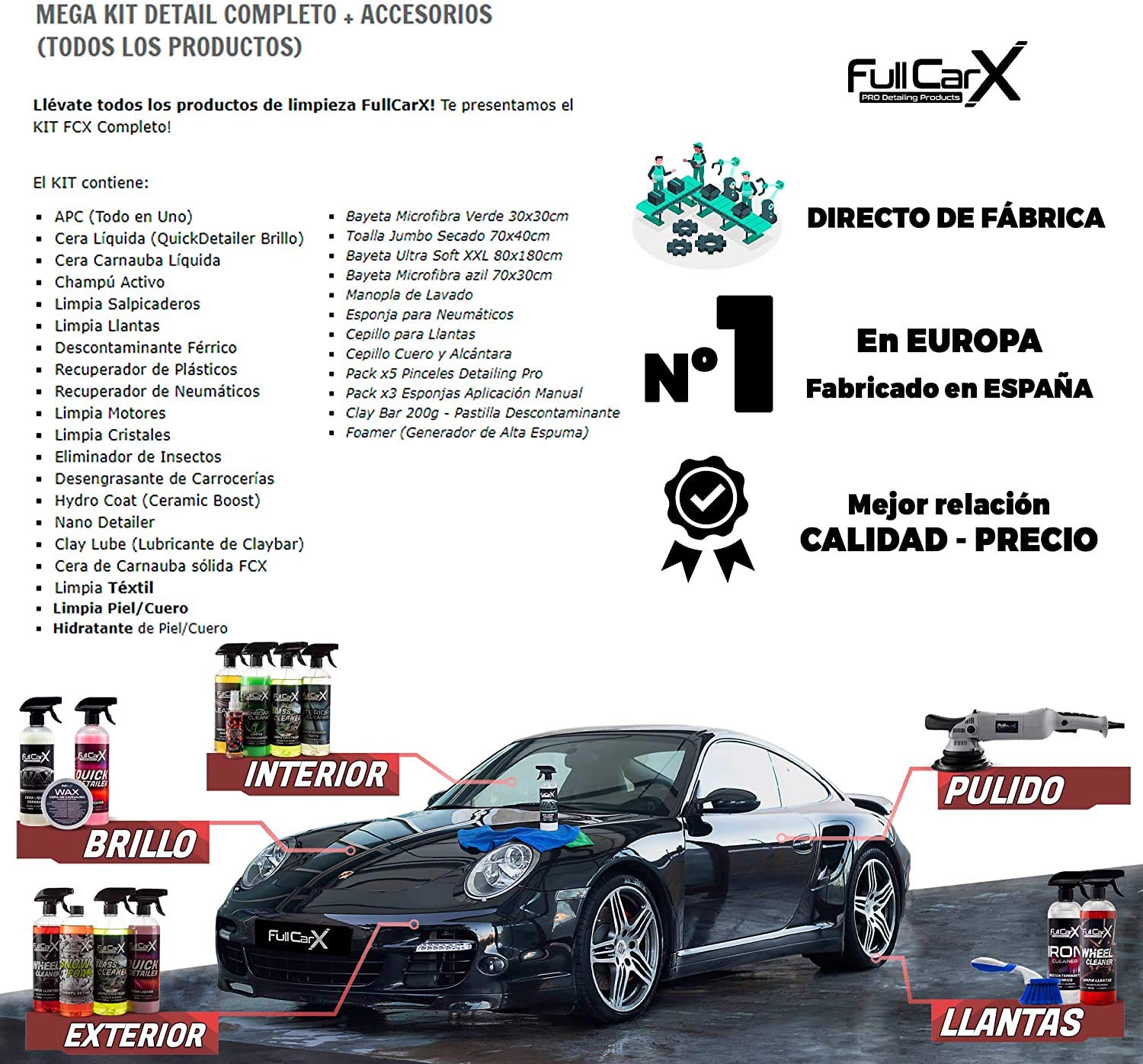 AutoFullCar - Mega Kit Completo + Accesorios FullCarX - Limpieza Interior y Exterior Coche - Detailing Kit Completo Automóvil Todos los Productos FCX