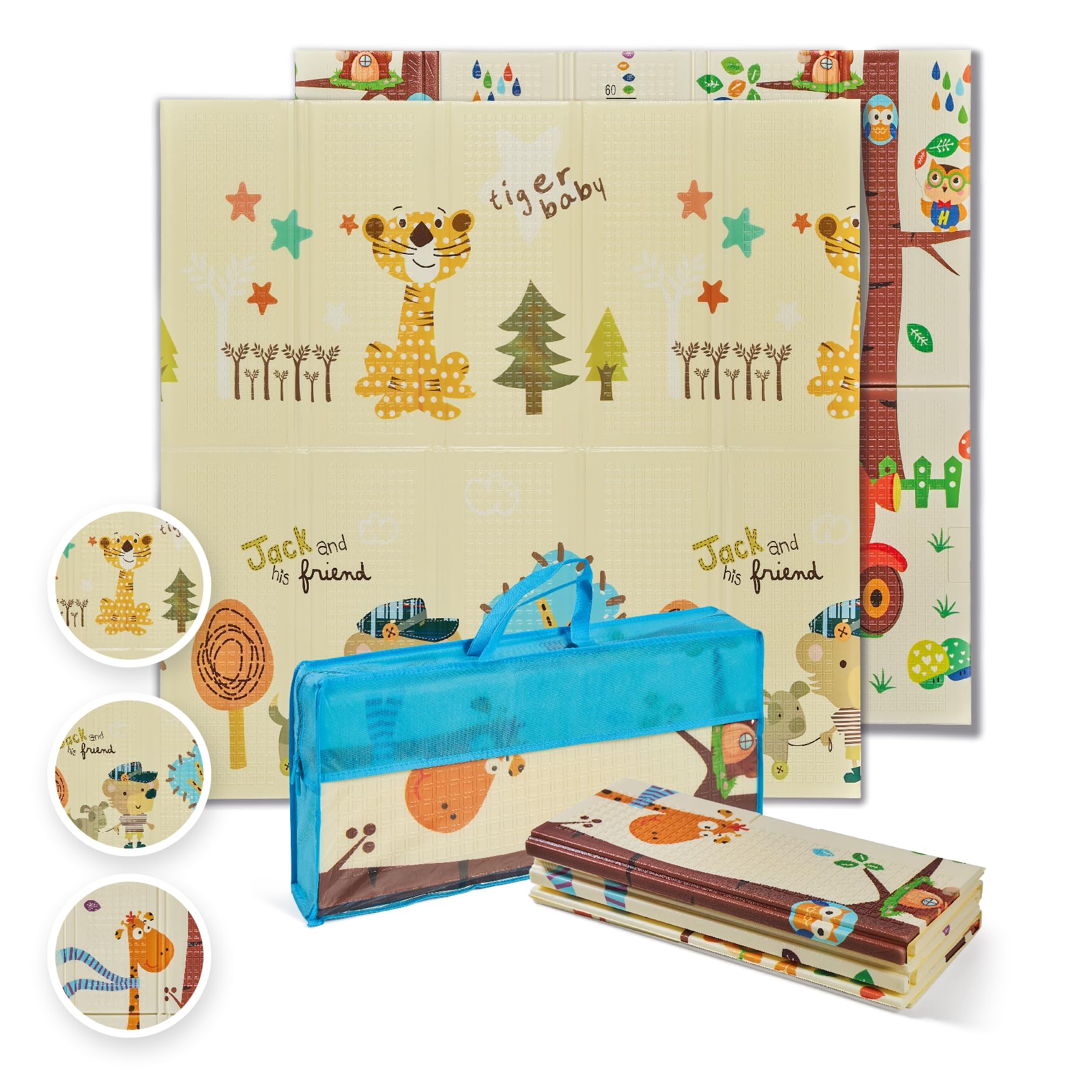 MS BabyWorld - Trendy - Alfombra de Juegos para Bebé 120x120 cm - Doble Cara, Tapete Muy acolchado (1cm Grosos), Plegable y con Bolsa de transporte