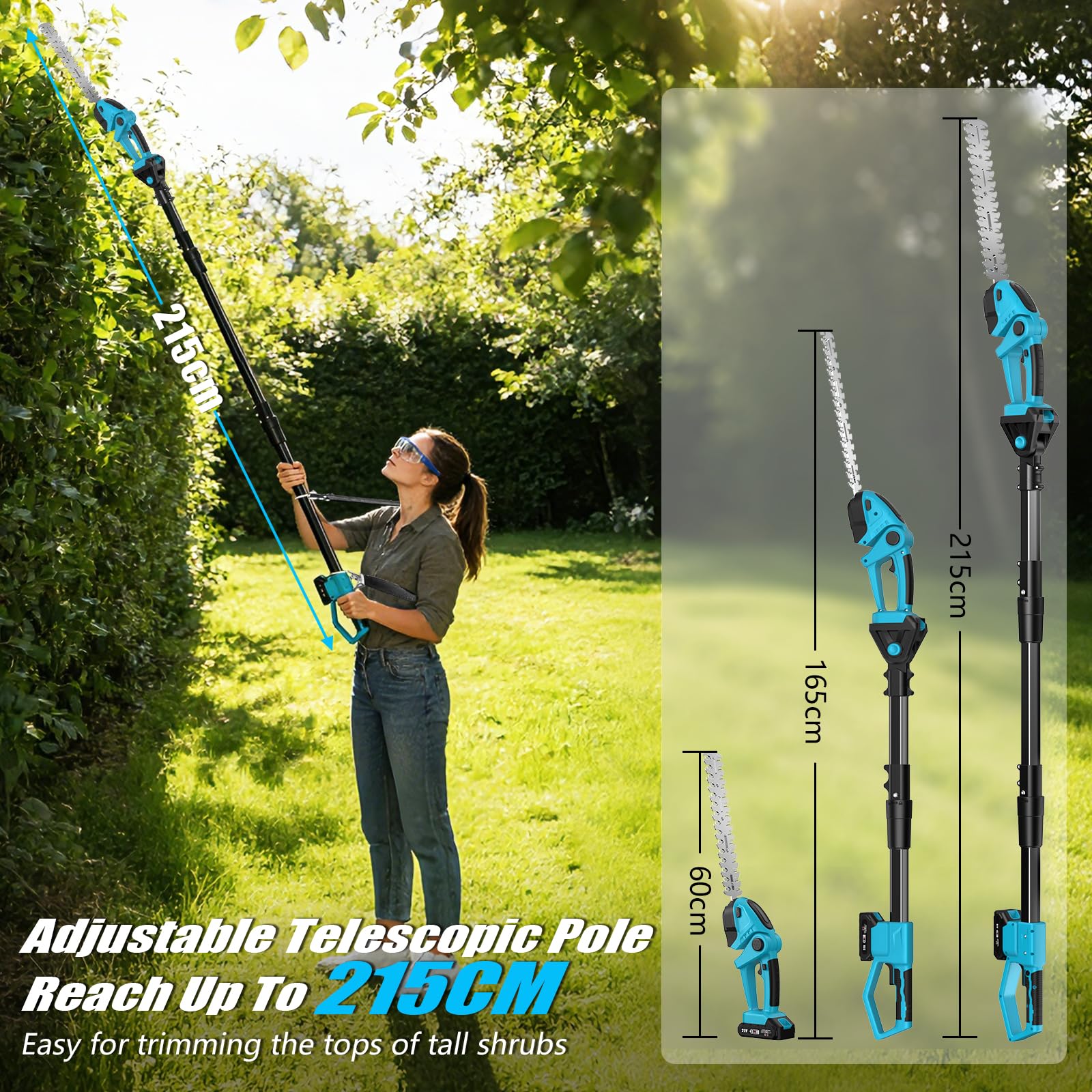 Motosierra y Cortasetos Batería con Pértiga Telescópico, 4 en 1 Kit de Herramientas Jardín, Podadora de Altura Electrica con 2 Baterías 4000 mAh, 4 Cadenas, Gafas, Guantes para Cortar Arbusto y Ramas