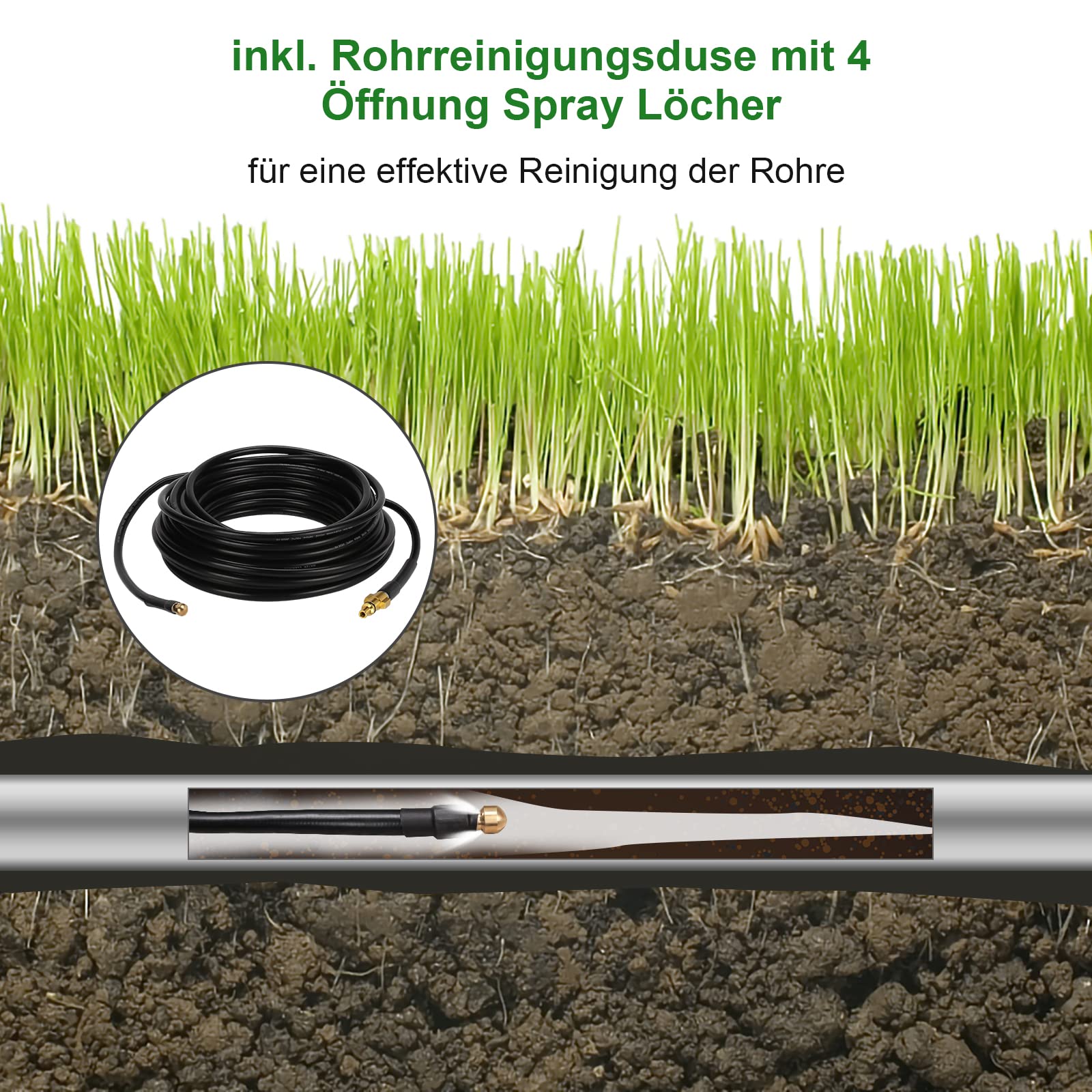 Tuyau haute pression, tuyau de nettoyage de drain de 20 m, nettoyeur de drains de 180 bar compatible avec les connexions rapides de nettoyeur haute pression