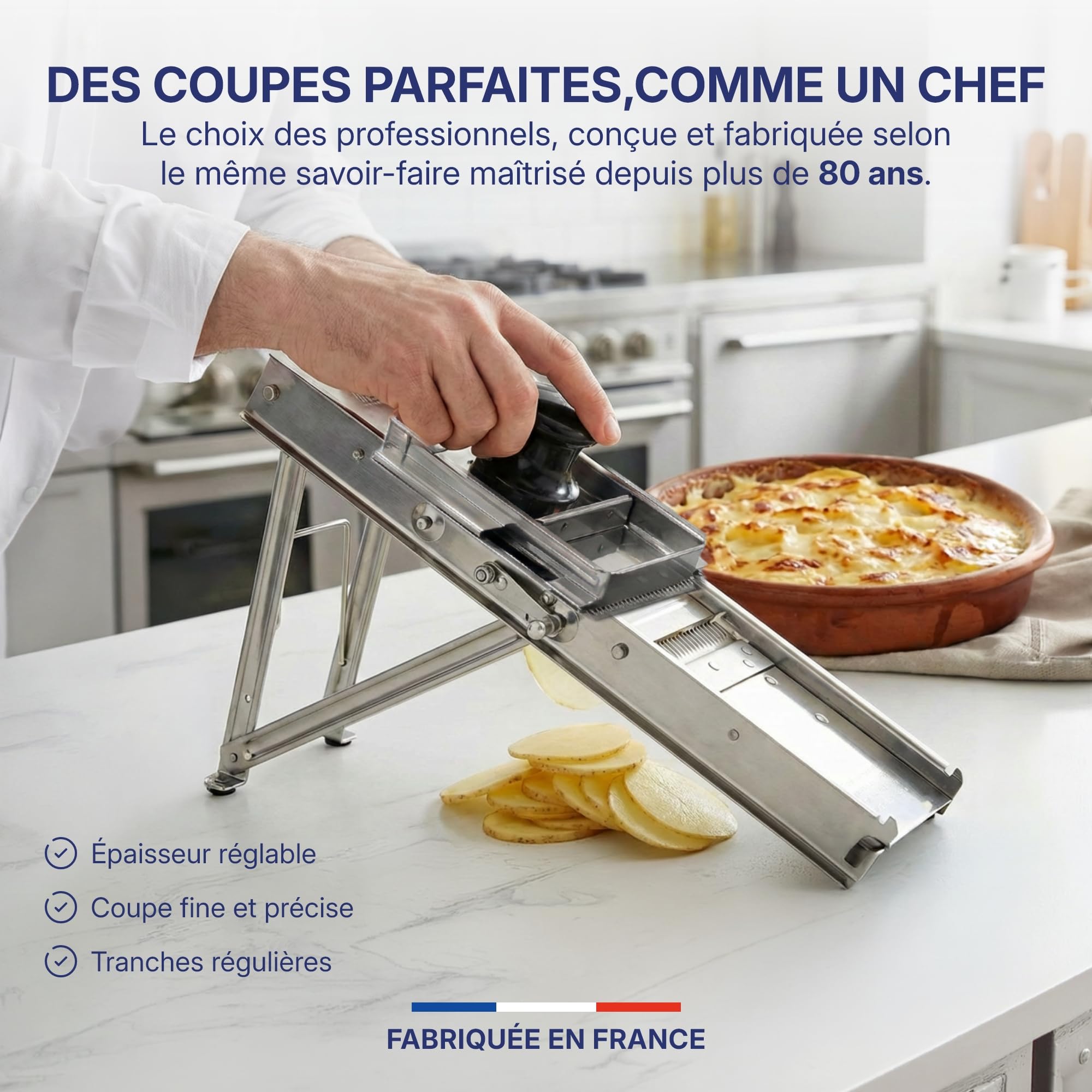 Louis Tellier – Mandoline Inox Professionnelle avec Chariot – Fabriqué en France – 2 Peignes 3 et 10 mm pour Frites et Julienne – Lame Lisse et Gaufrée Réglable