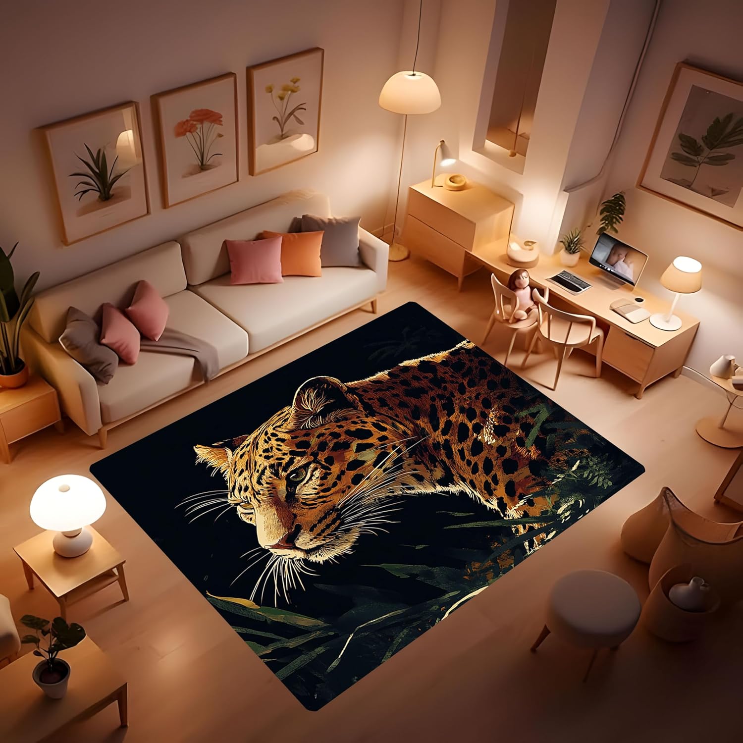 Jungle Leopard Wild Animal Rug, Watercolor Leopard Print Rug Soft Absorbent Bathroom Rug, Modern Home Living Room Rug, Home playroom Rug, Machine Washable Leopard Animal Rug 24x36inch