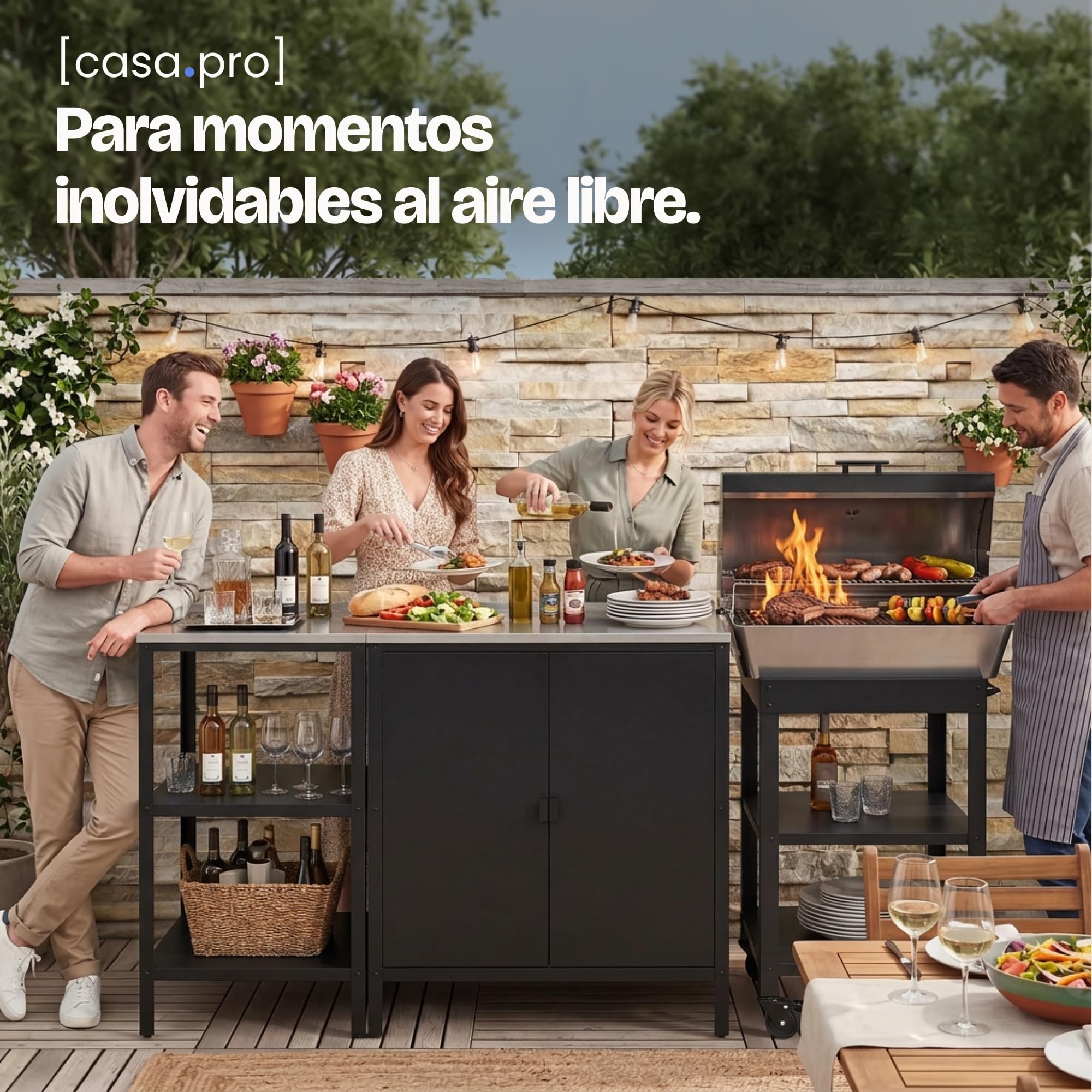 casa.pro Conjunto de Armario Exterior Bolognano Patas Regulables en Altura Encimera - 1 Armario + 1 Estantería de 3 Niveles Uso Interior/Exterior Almacenaje en el Jardín Acero - Plata y Negro