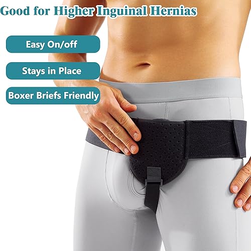 Miniatura 6 de Cinturón de hernia inguinal para hombres y mujeres  Truss de soporte de compresión ajustable con fuerte correa de velcro en la cintura, correa para