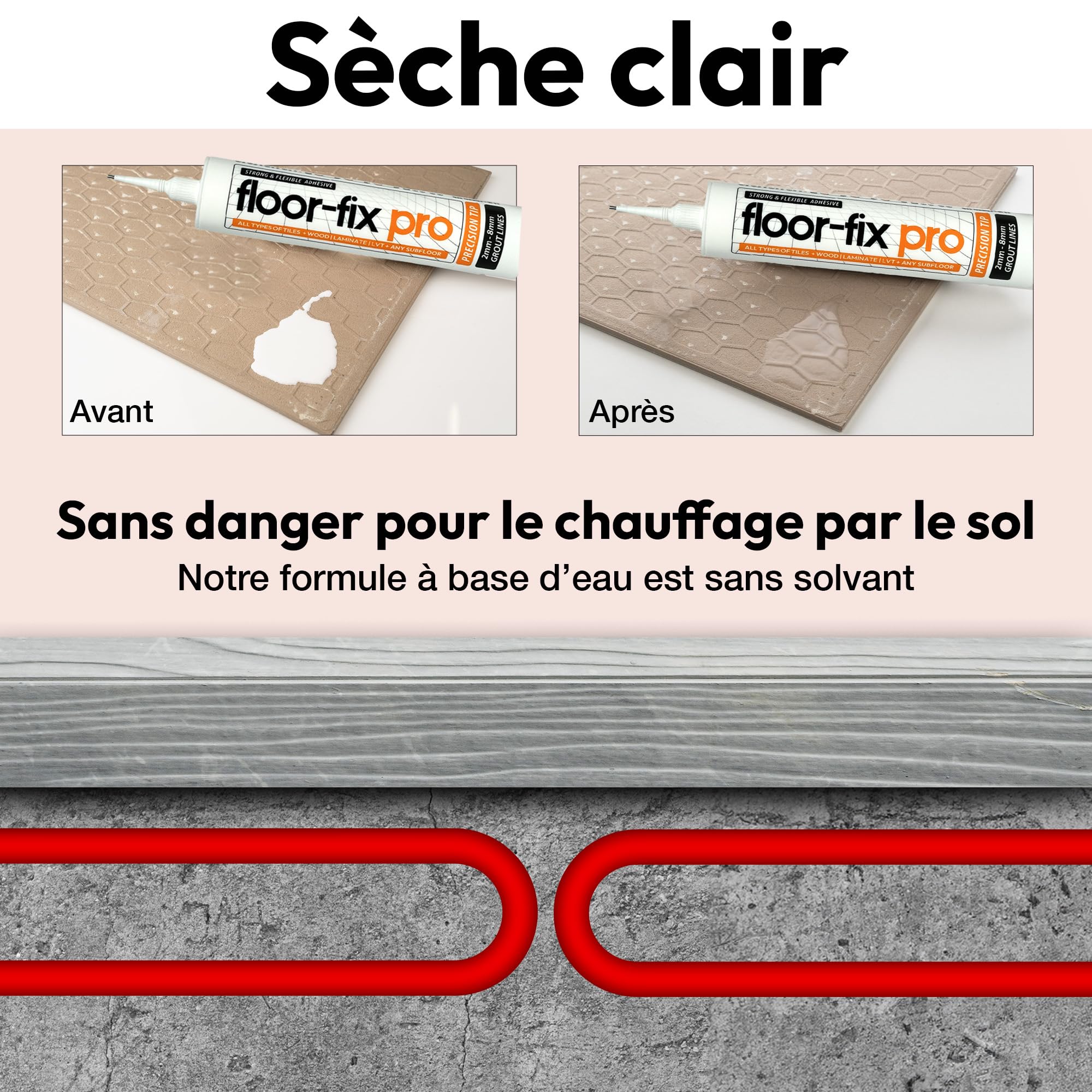 Colle Carrelage et Parquet | Fixation Rapide et Durable | Embout Seringue Intégré | Idéal pour Carreaux Français | Répare Sols, Transparent, Taille 1, Co-Polymer