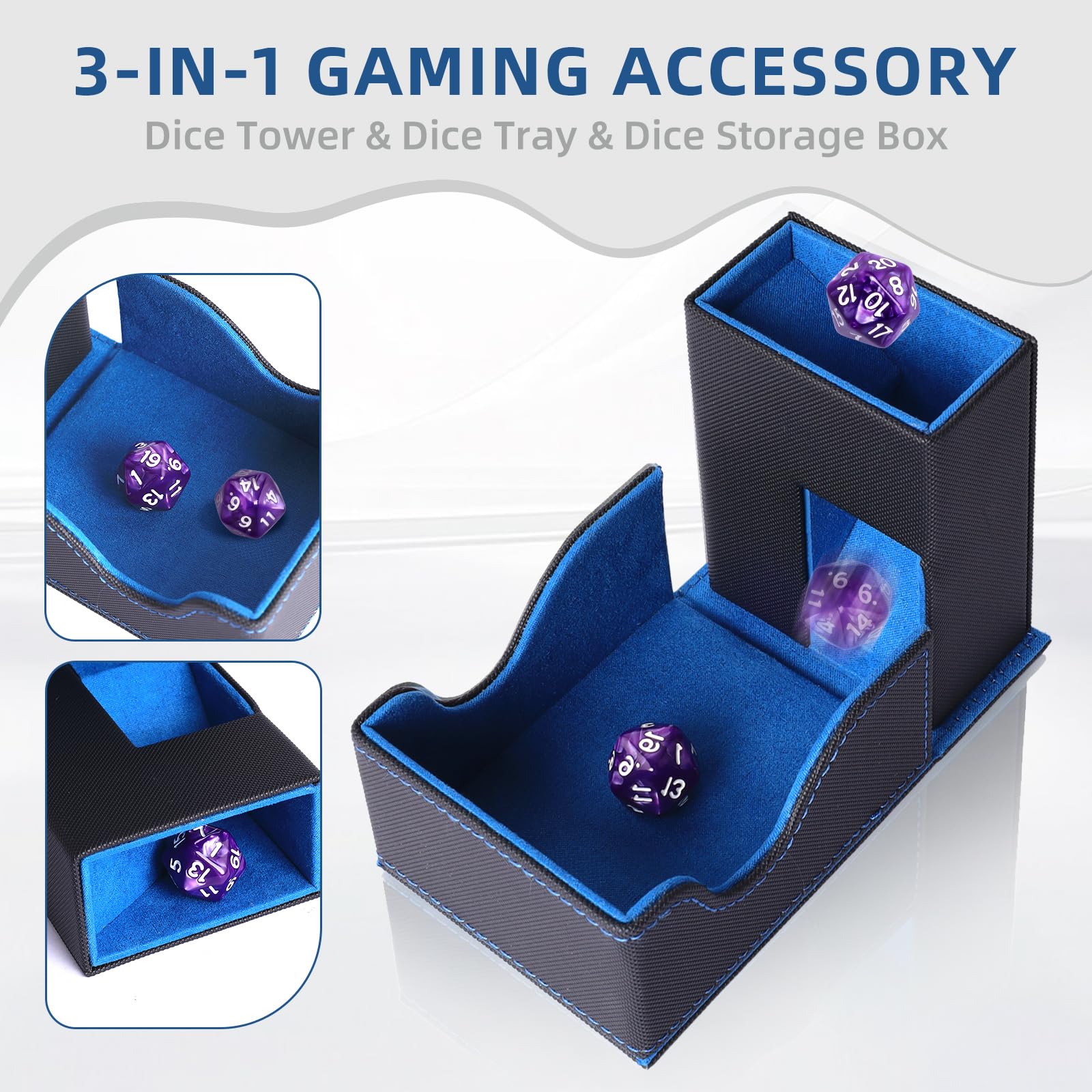 Wieża Kostkowa 3 w 1 i Pudełko na Kostki, Składana Magnetyczna Taca do Kostek, Akcesoria do Gry Planszowej Dungeons & Dragons, Magic The Gathering, Skóra PU, Czarny i Niebieski